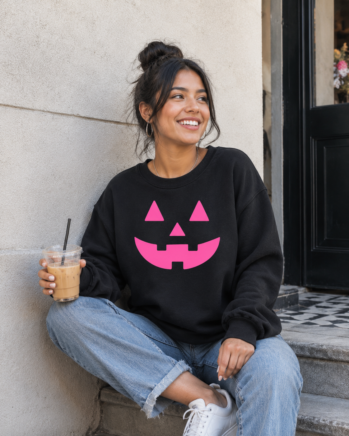 Neon Pink Jack-o-lantern On Black - See Matching Mini!