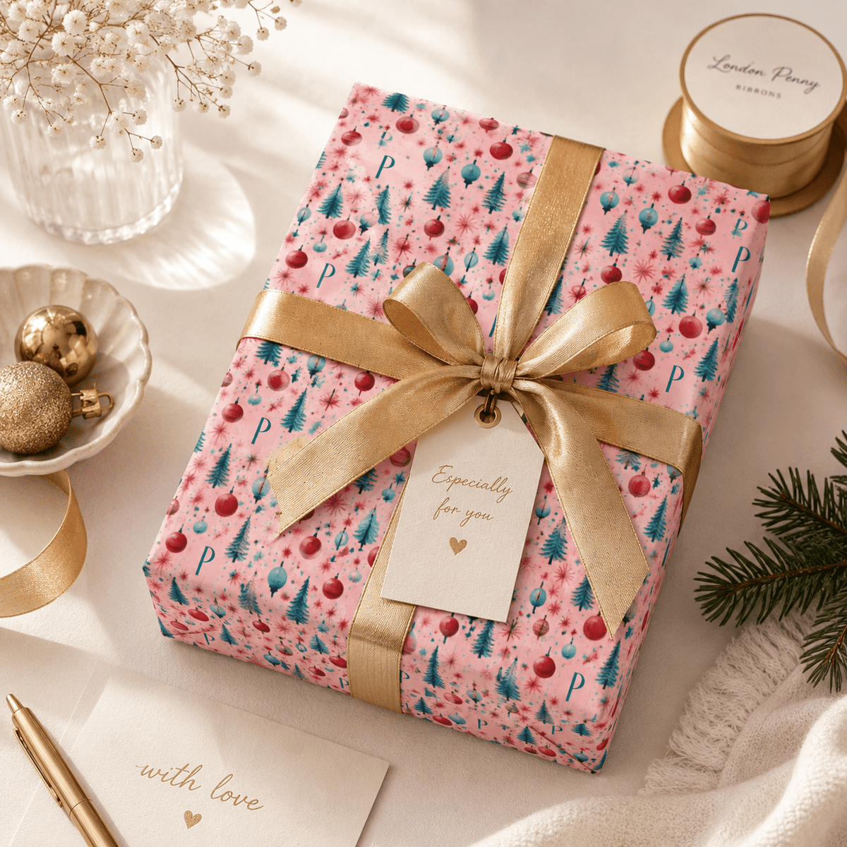 Personalized Midmod Merriment Monogram Wrapping Paper | Custom Gift Wrap