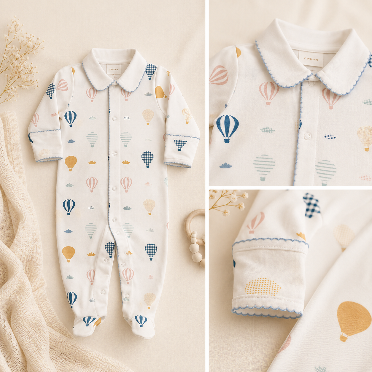 100% Pima Cotton Boys Collared Footie With Blue Picot Trim: Up, Up & Away