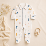 100% Pima Cotton Boys Collared Footie With Blue Picot Trim: Up, Up & Away
