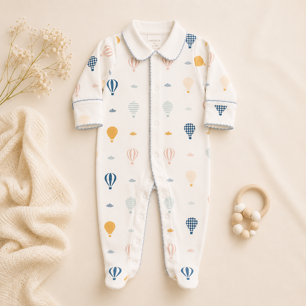 100% Pima Cotton Boys Collared Footie Set: Up, Up & Away Footie W/blue Picot Trim, Reversible Blue Blanket And Bib, Teether