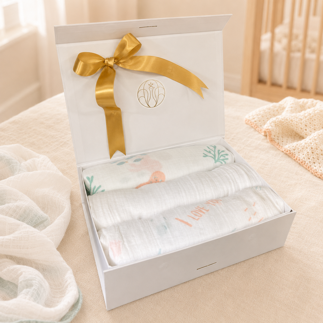 Swaddle Muslin Blankets: Under The Sea, Set Of 3, Girl Newborn Gift