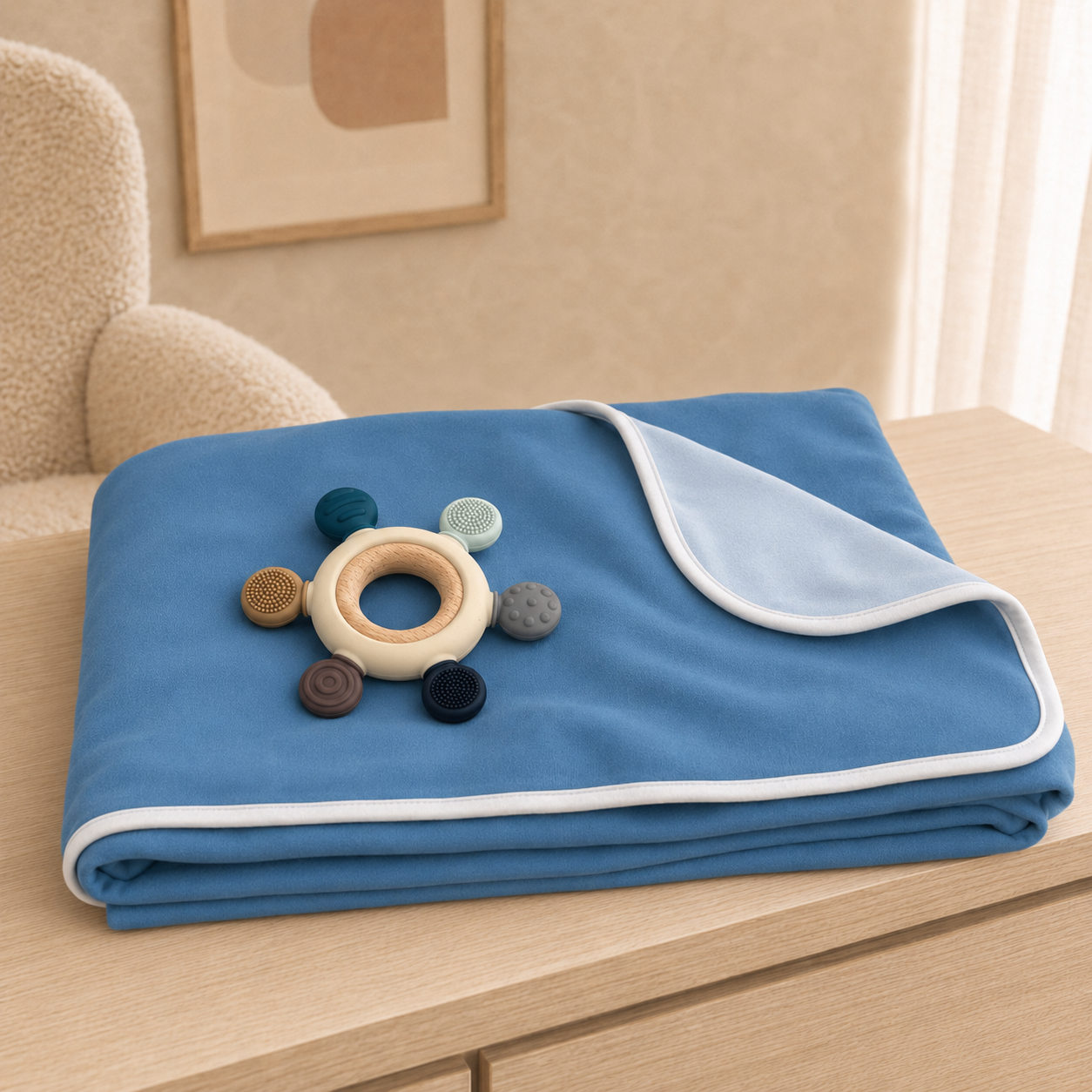 100% Pima Cotton Boys Collared Footie Set: Up, Up & Away Footie W/blue Picot Trim, Reversible Blue Blanket And Bib, Teether