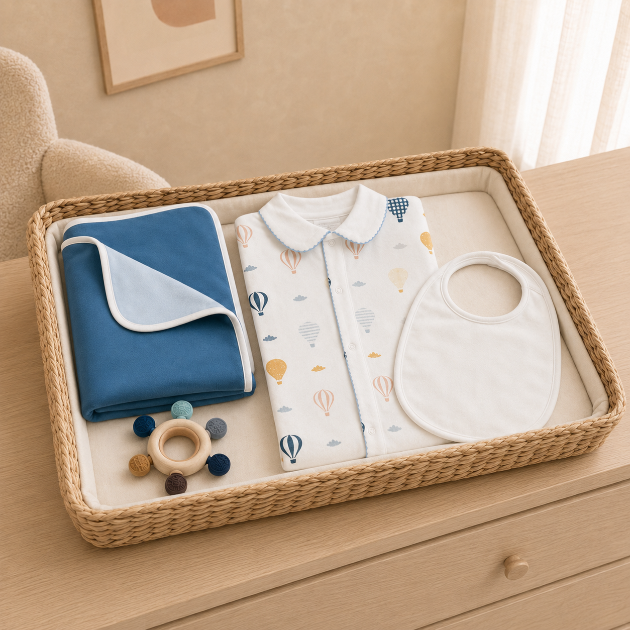 100% Pima Cotton Boys Collared Footie Set: Up, Up & Away Footie W/blue Picot Trim, Reversible Blue Blanket And Bib, Teether