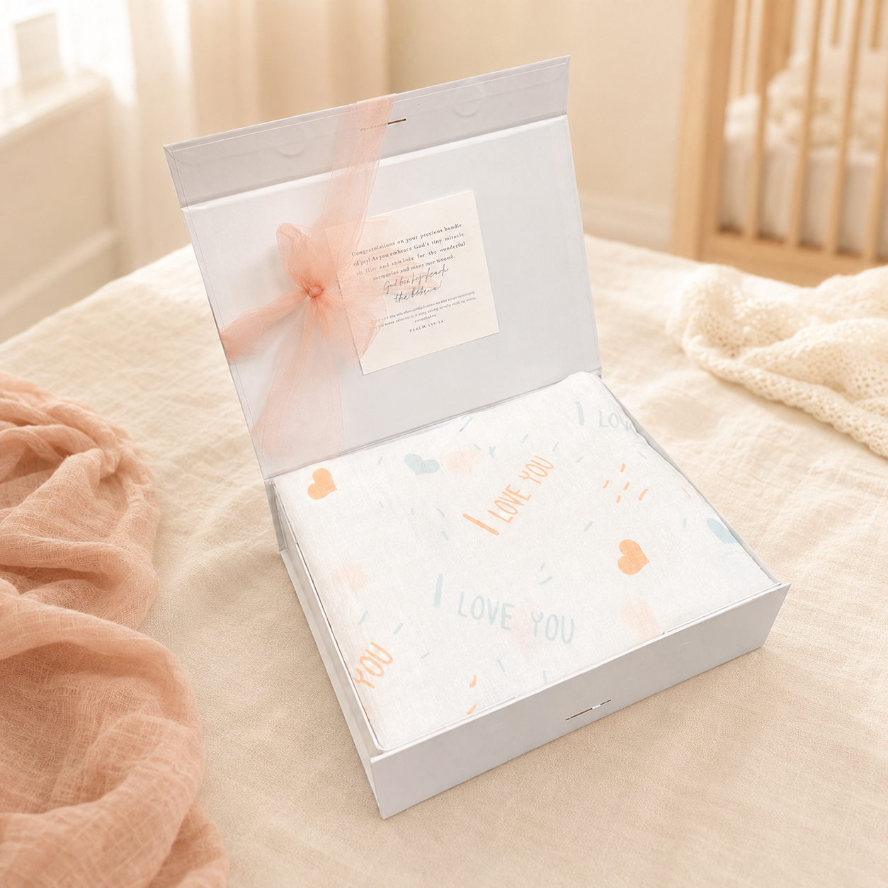 Swaddle Muslin Blanket: I Love You - Peach/aqua, Girl Newborn Gift