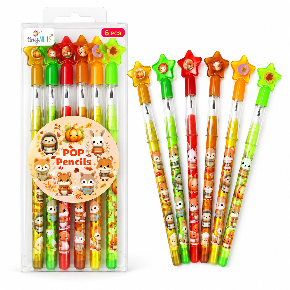 Cozy Autumn Animals Stackable Multi Point Pencils - Set Of 6