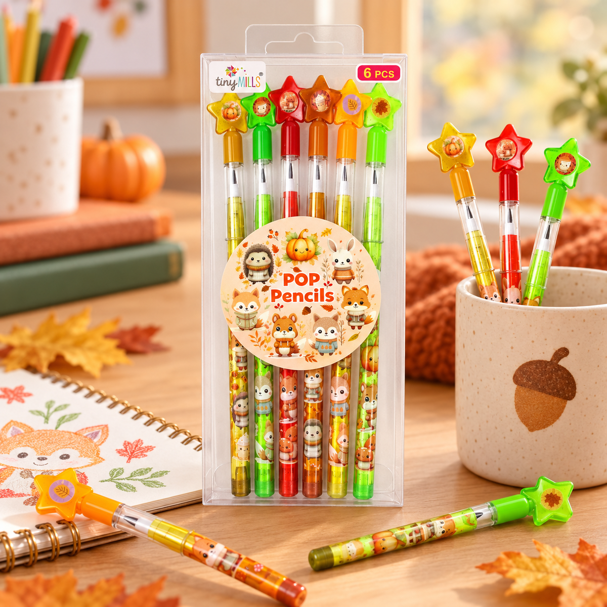 Cozy Autumn Animals Stackable Multi Point Pencils - Set Of 6