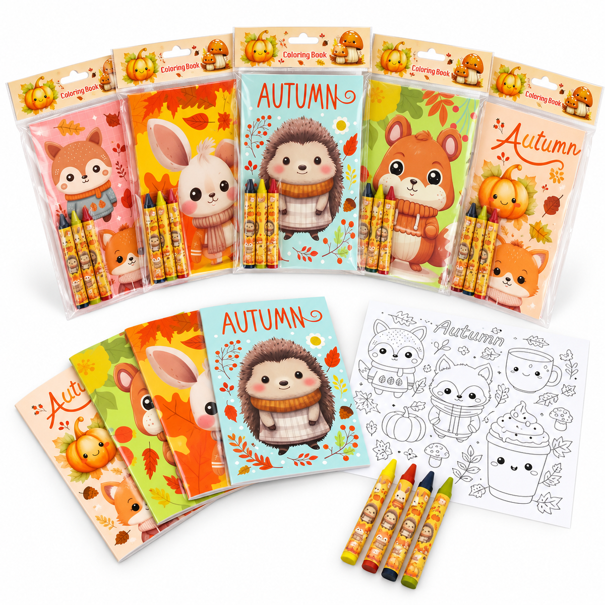Cozy Autumn Animals Coloring Books With Crayons Party Favors - Set Of 6 Or 12
