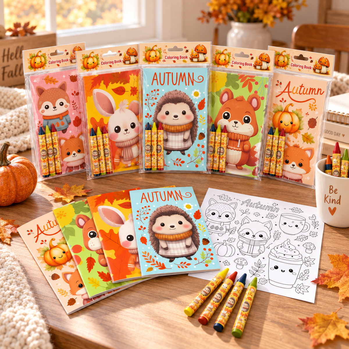 Cozy Autumn Animals Coloring Books With Crayons Party Favors - Set Of 6 Or 12