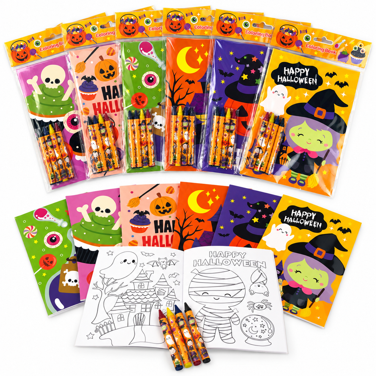 New Spooky Halloween Coloring Books With Crayons Party Favors - Set Of 6 Or 12