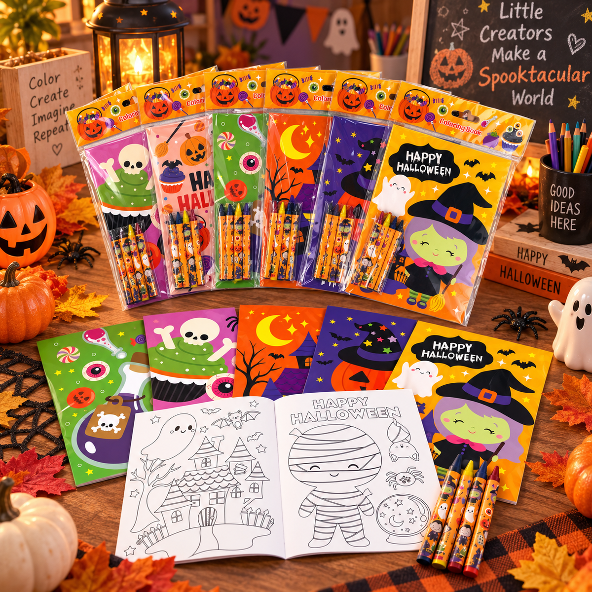 New Spooky Halloween Coloring Books With Crayons Party Favors - Set Of 6 Or 12