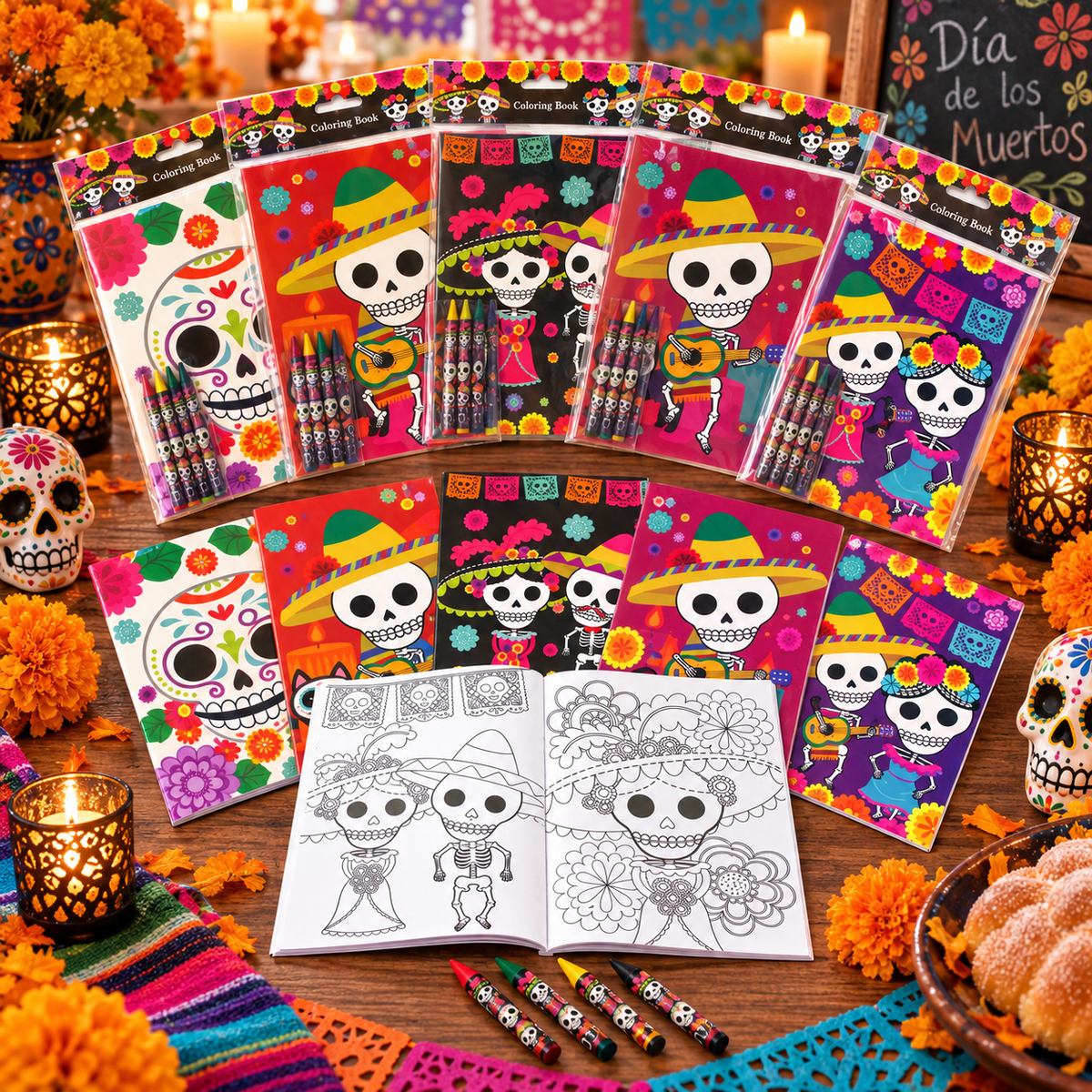 Day Of The Dead Coloring Books With Crayons Party Favors - Set Of 6 Or 12