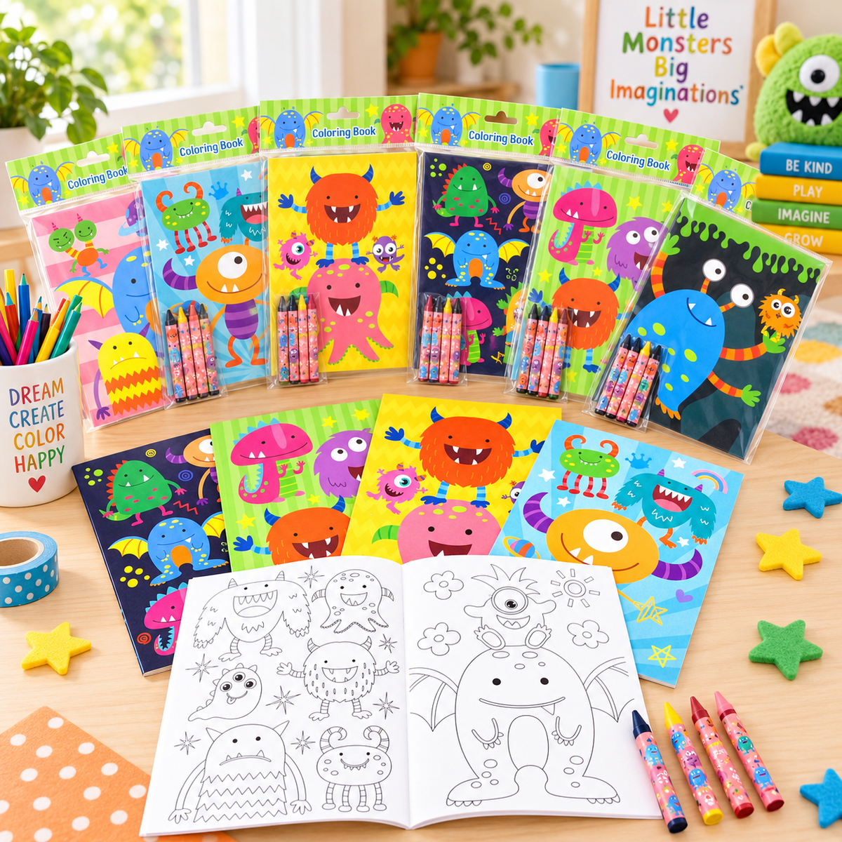 Monster Coloring Books With Crayons Party Favors - Set Of 6 Or 12