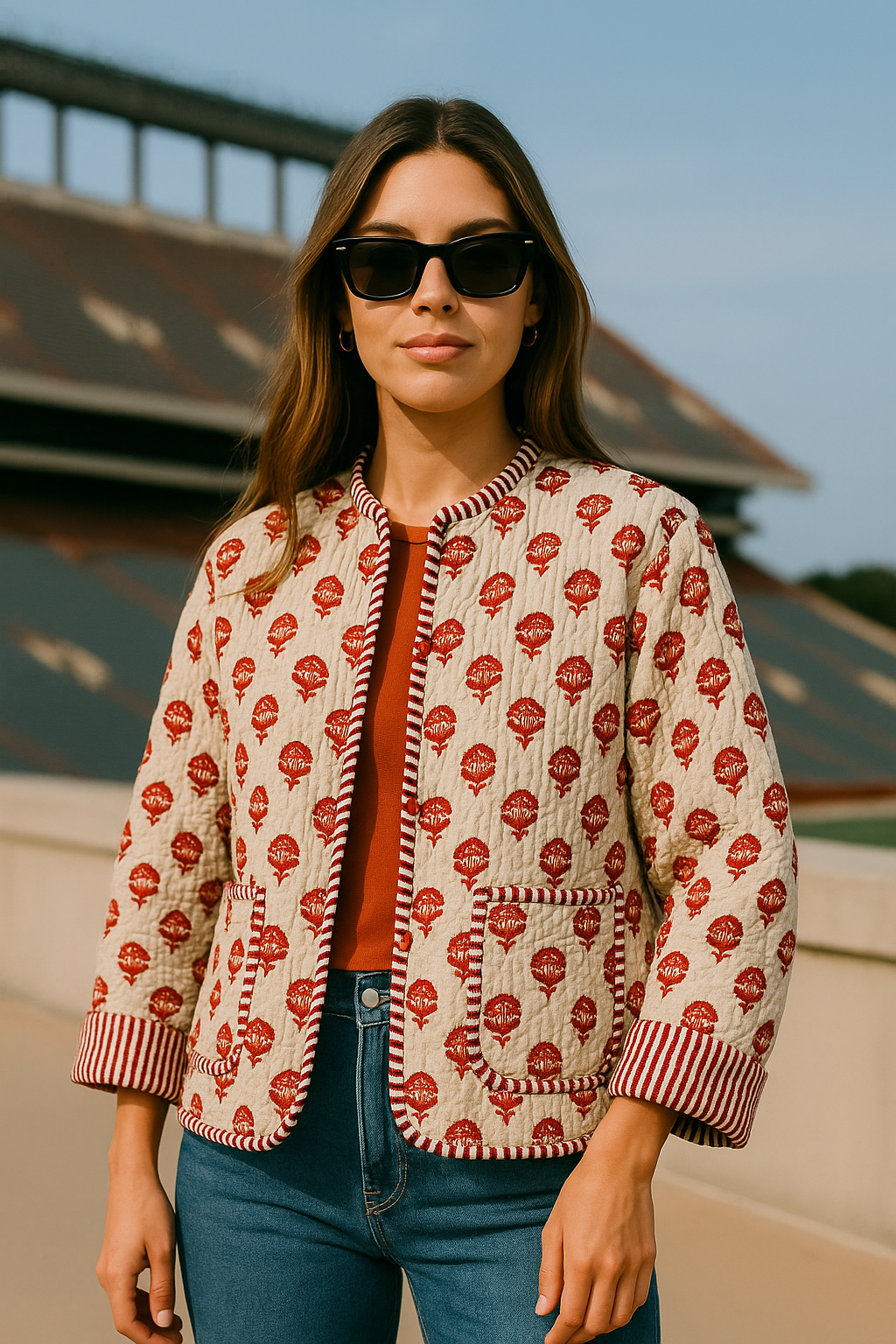The Charlotte Jacket In Red And Orange Posy