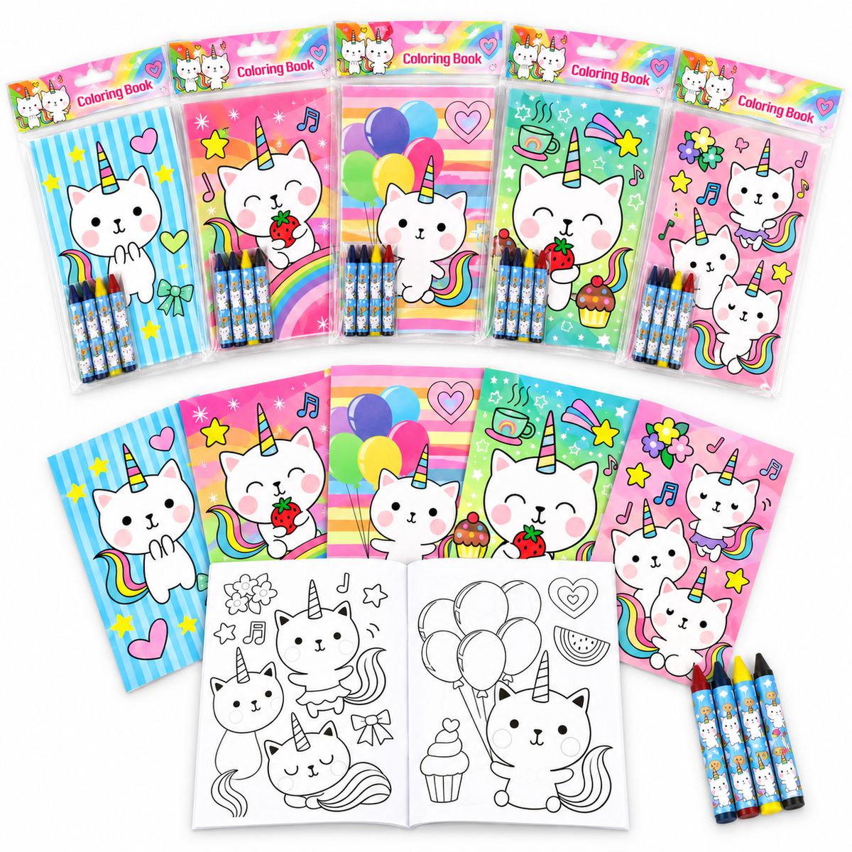 Unicorn Kitty Coloring Books With Crayons Party Favors - Set Of 6 Or 12