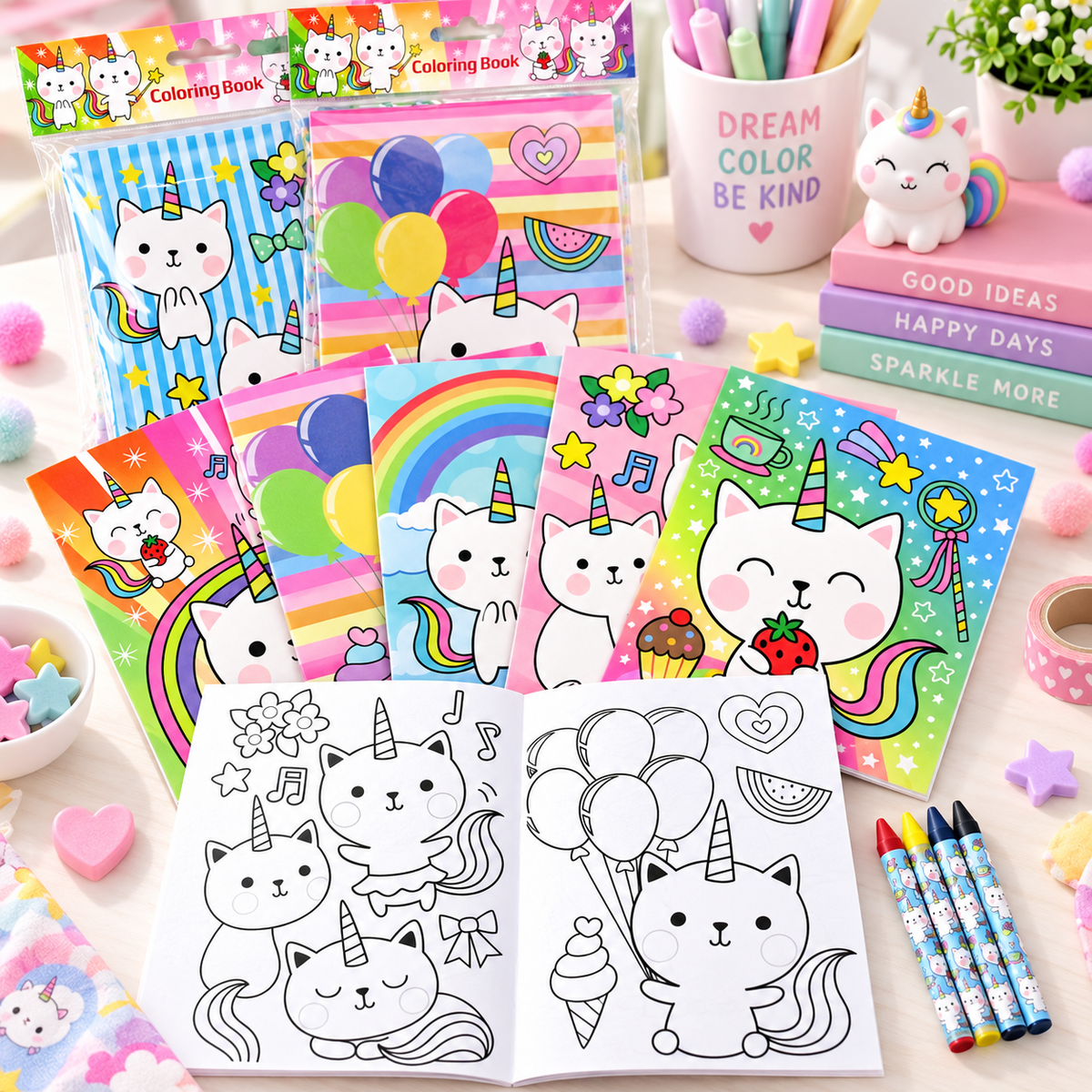 Unicorn Kitty Coloring Books With Crayons Party Favors - Set Of 6 Or 12