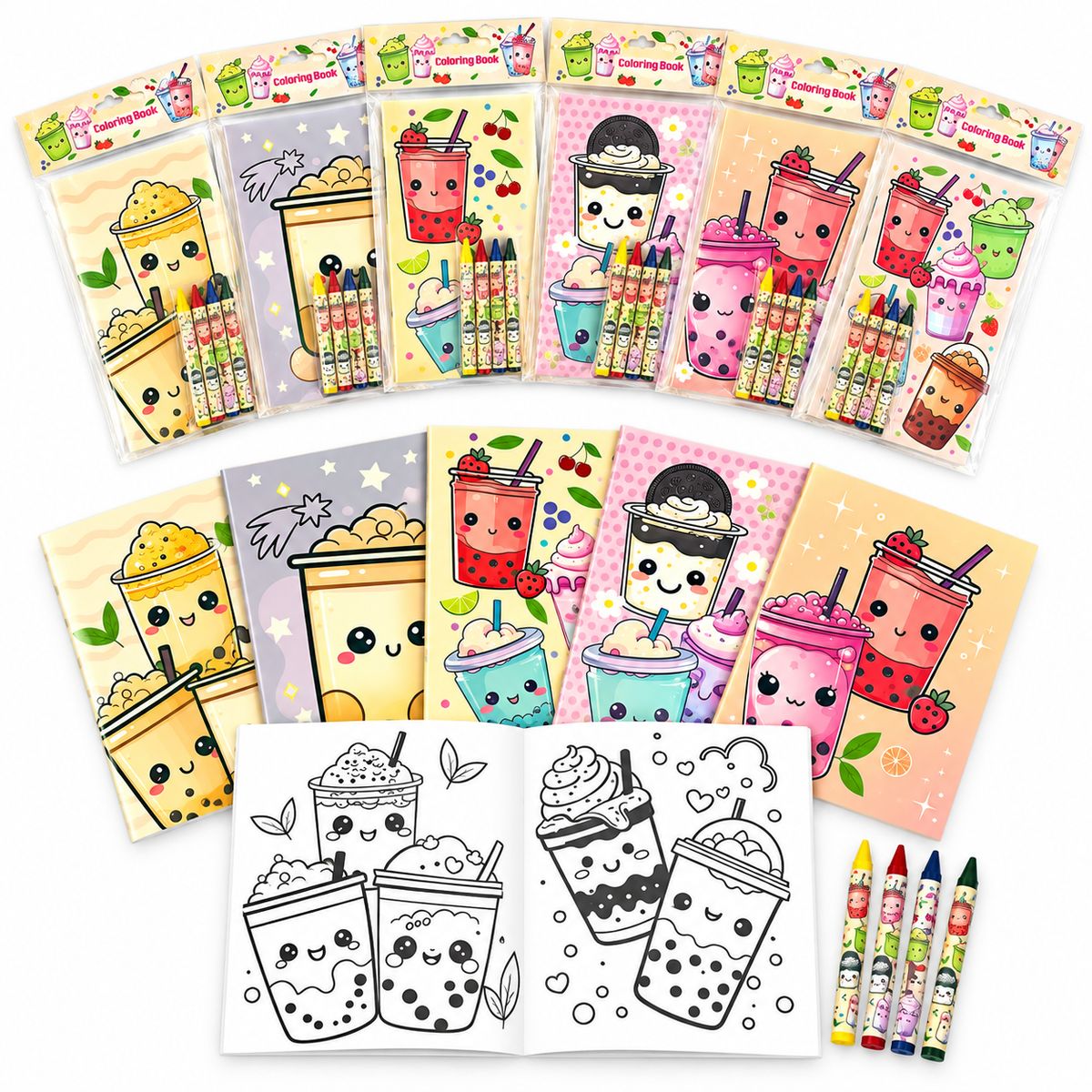 Boba Coloring Books With Crayons Party Favors - Set Of 6 Or 12
