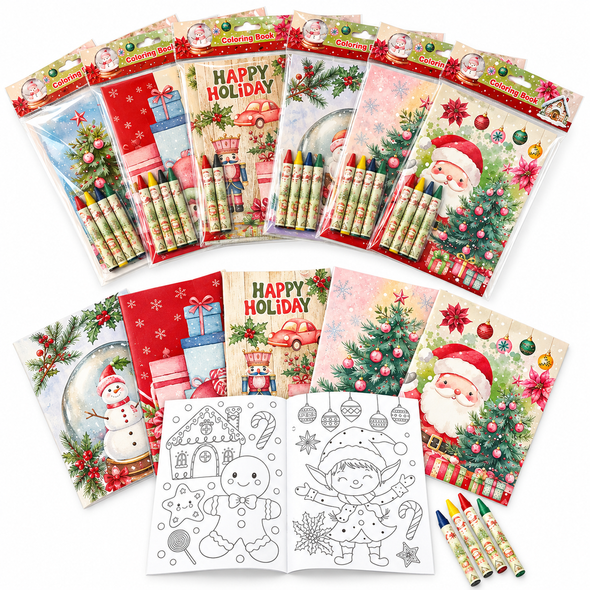 Vintage Rustic Christmas Coloring Books With Crayons Party Favors - Set Of 6 Or 12