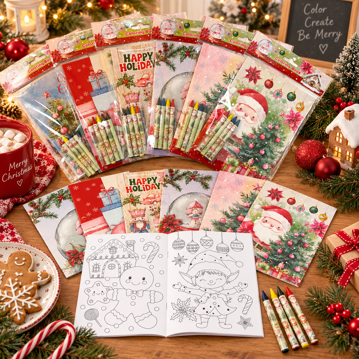 Vintage Rustic Christmas Coloring Books With Crayons Party Favors - Set Of 6 Or 12