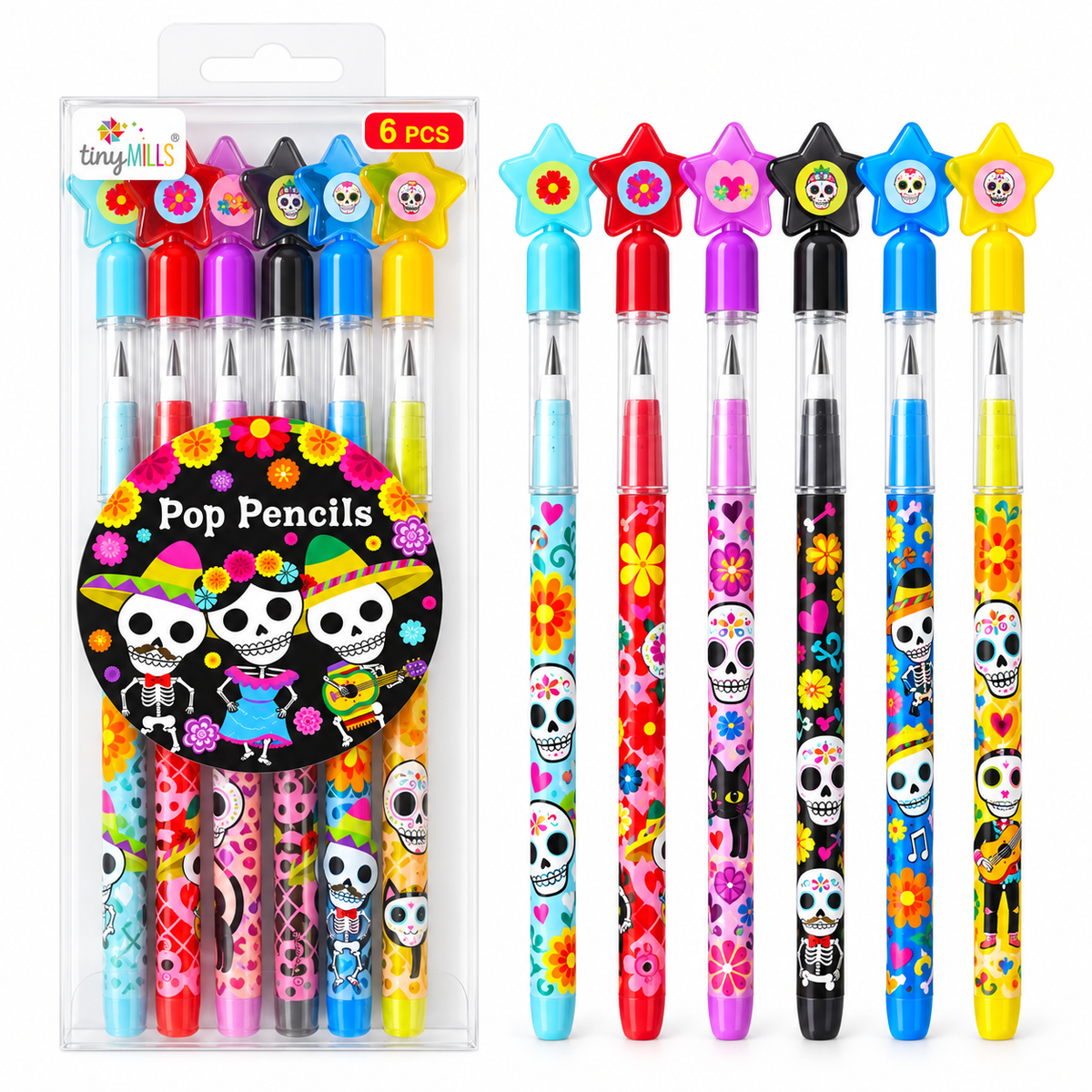 Day Of The Dead Stackable Multi Point Pencils - Set Of 6