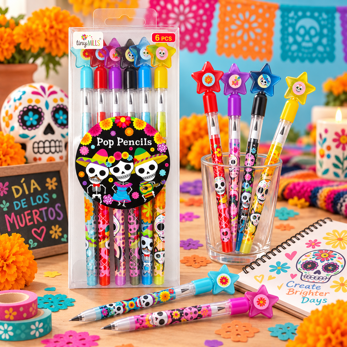 Day Of The Dead Stackable Multi Point Pencils - Set Of 6
