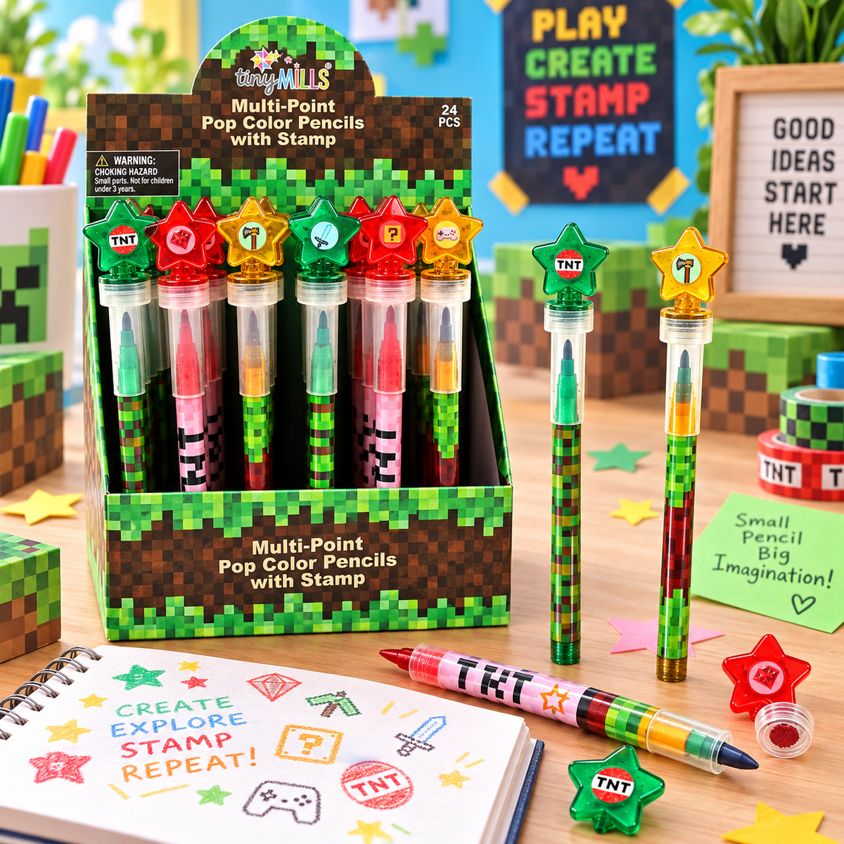 Pixels Stackable Crayon With Stamper Topper