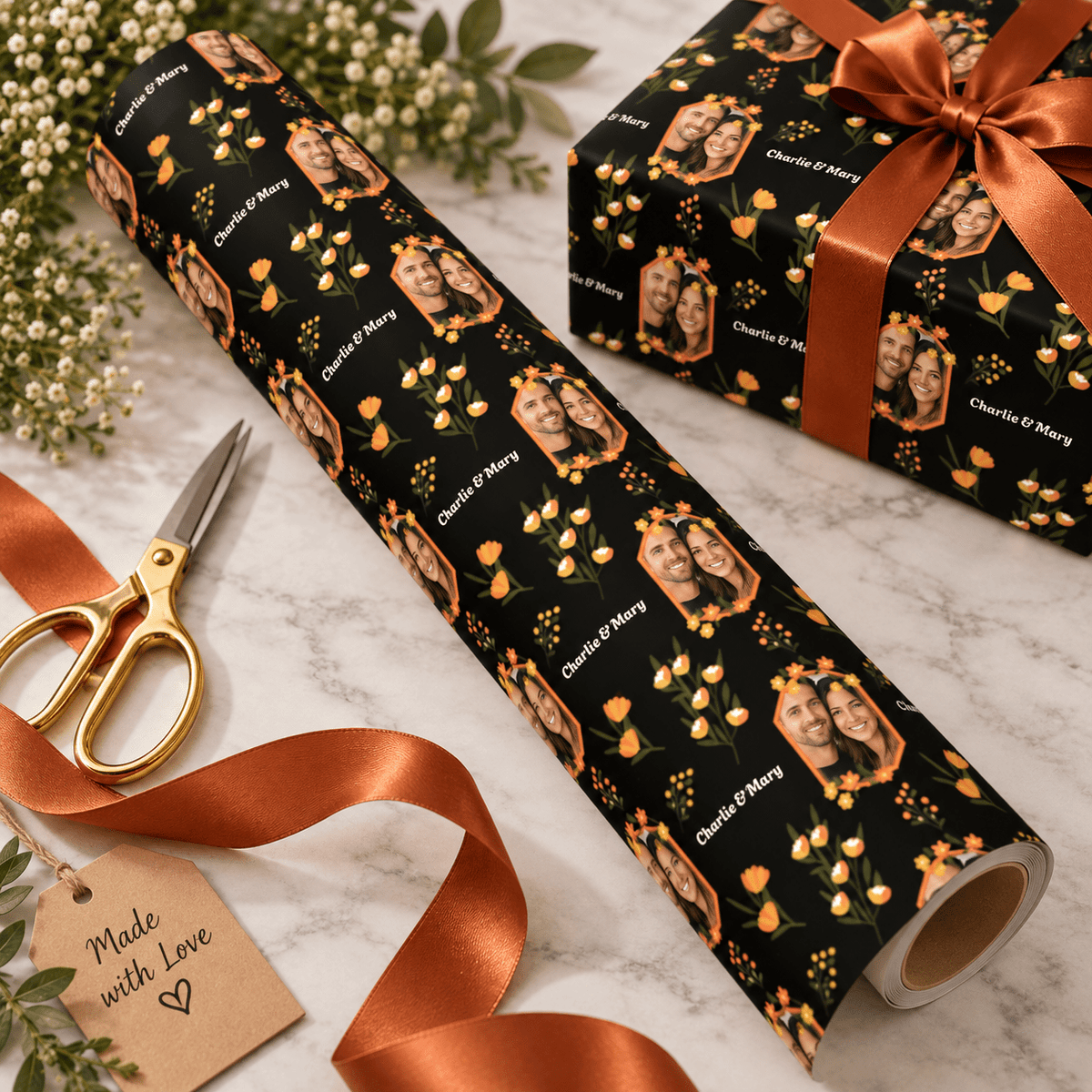 Personalized Orange Wild Flowers Wrapping Paper | Custom Gift Wrapper