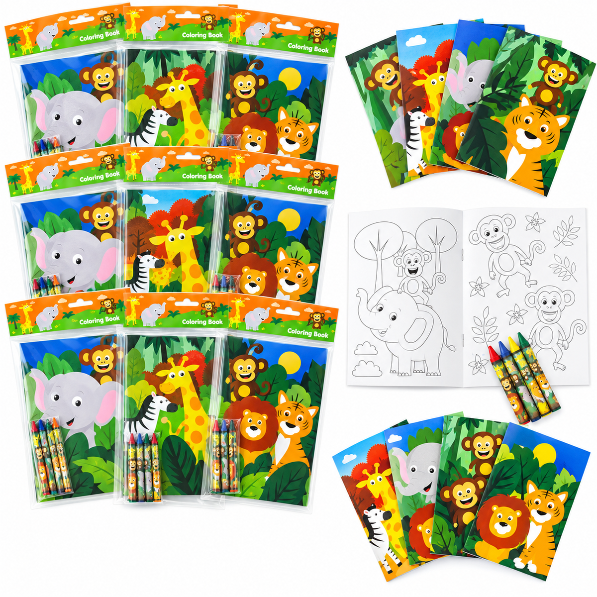 Zoo Jungle Safari Animals Coloring Books With Crayons Party Favors - Set Of 6 Or 12