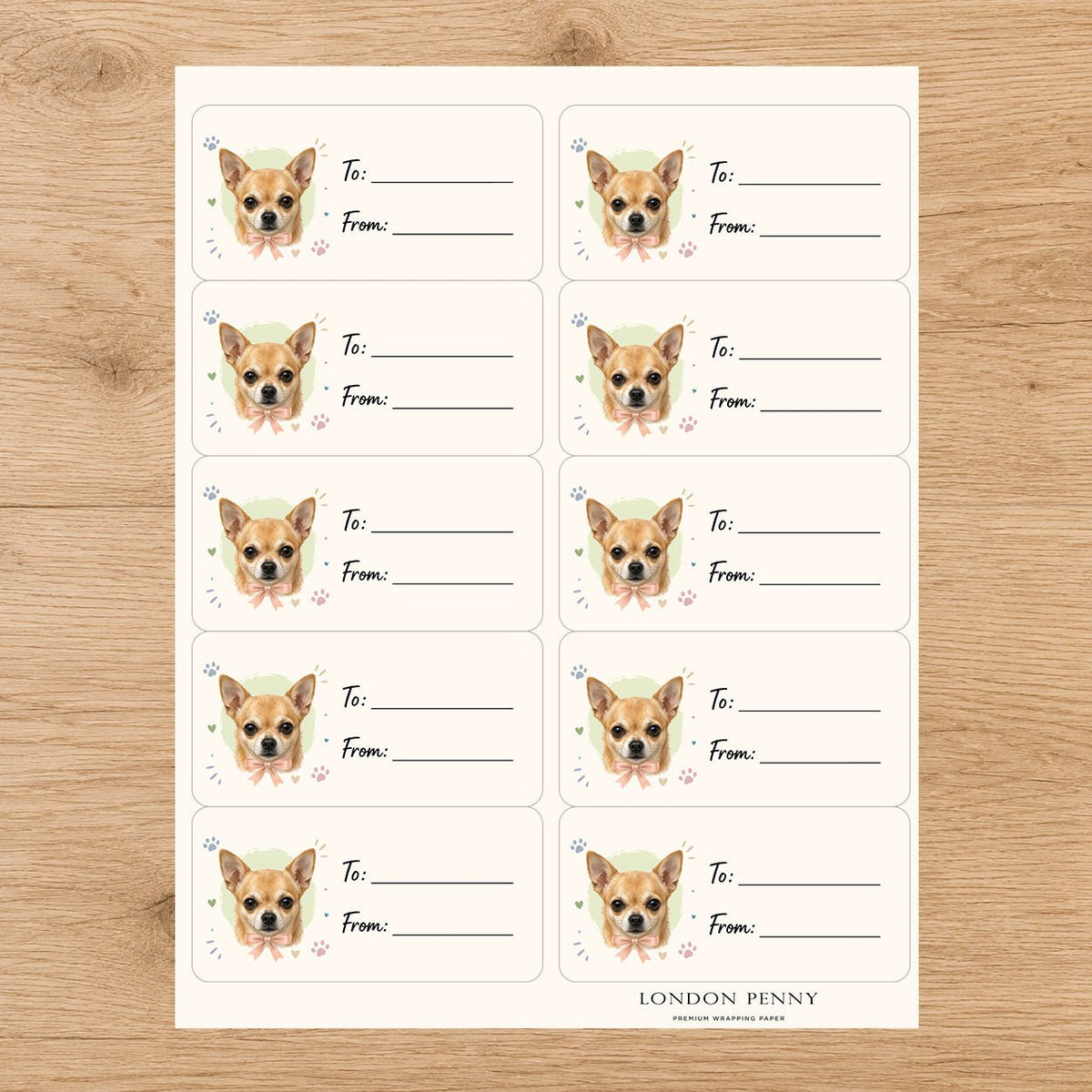 Chihuahua Paws & Bows Gift Tag Sticker Sheet