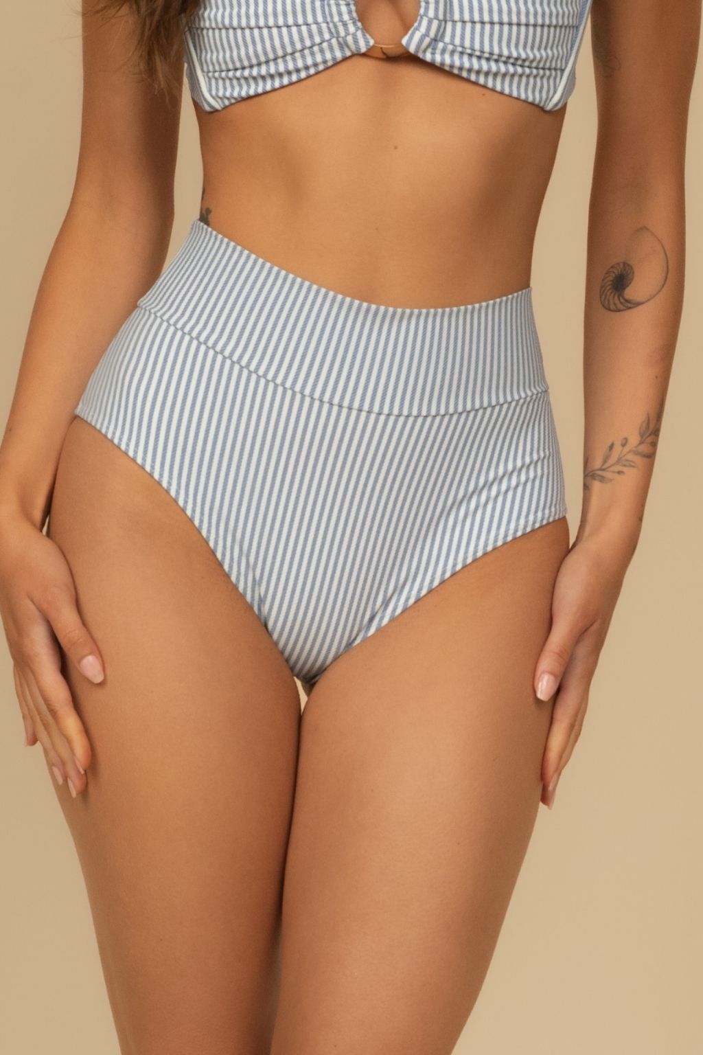 Classic Blue Stripe Added Coverage High Rise Bikini Bottom