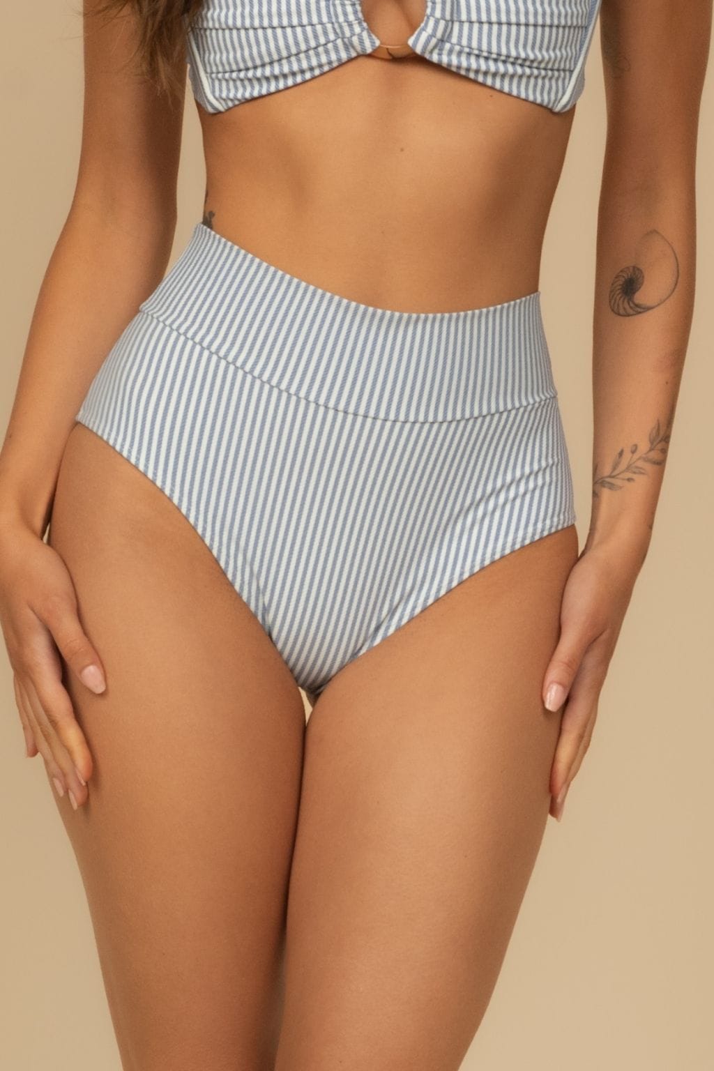 Classic Blue Stripe Added Coverage High Rise Bikini Bottom