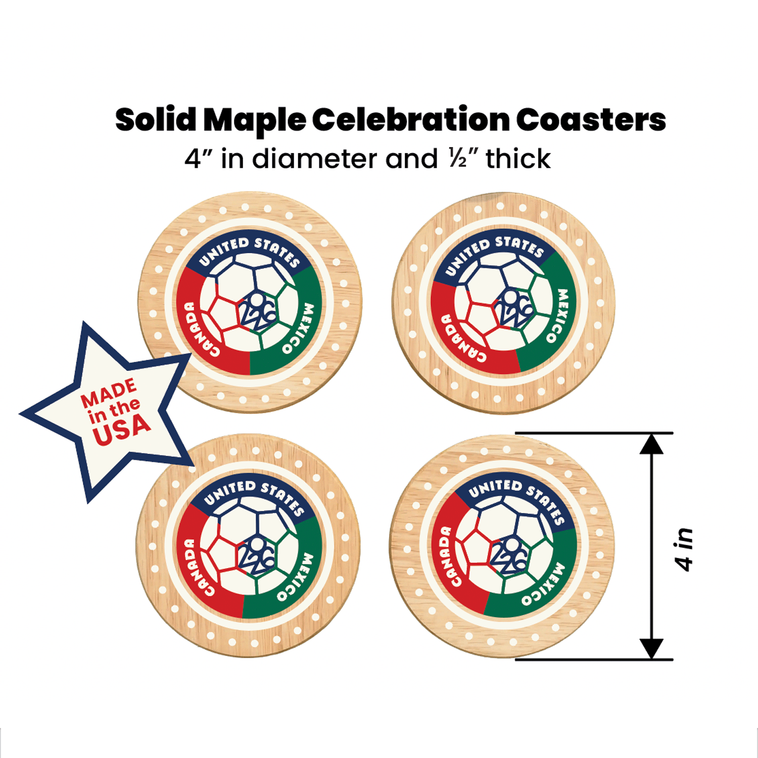 Maple Wood Soccer Coasters – Match Day Celebration Drinkware (4 Pack)