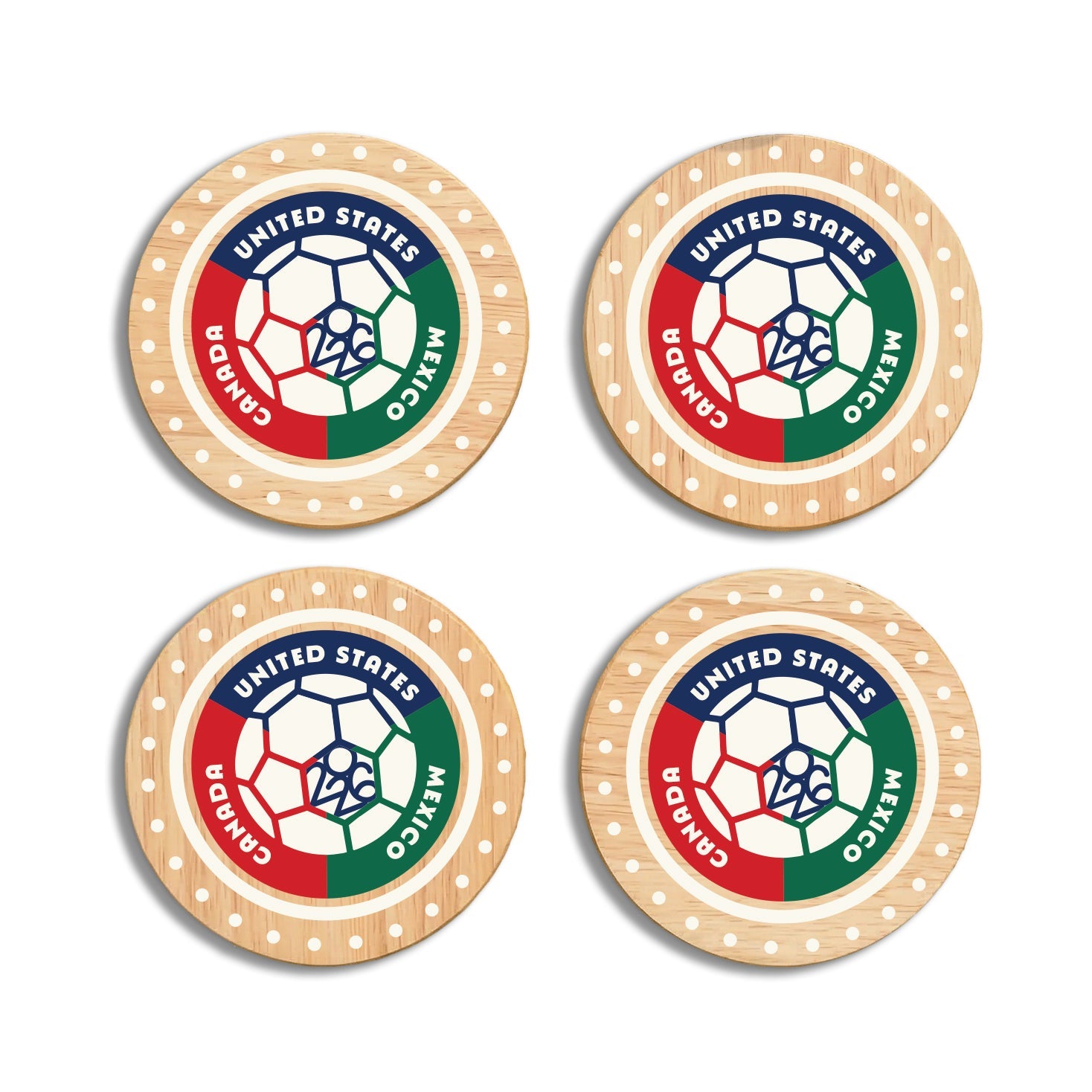 Maple Wood Soccer Coasters – Match Day Celebration Drinkware (4 Pack)