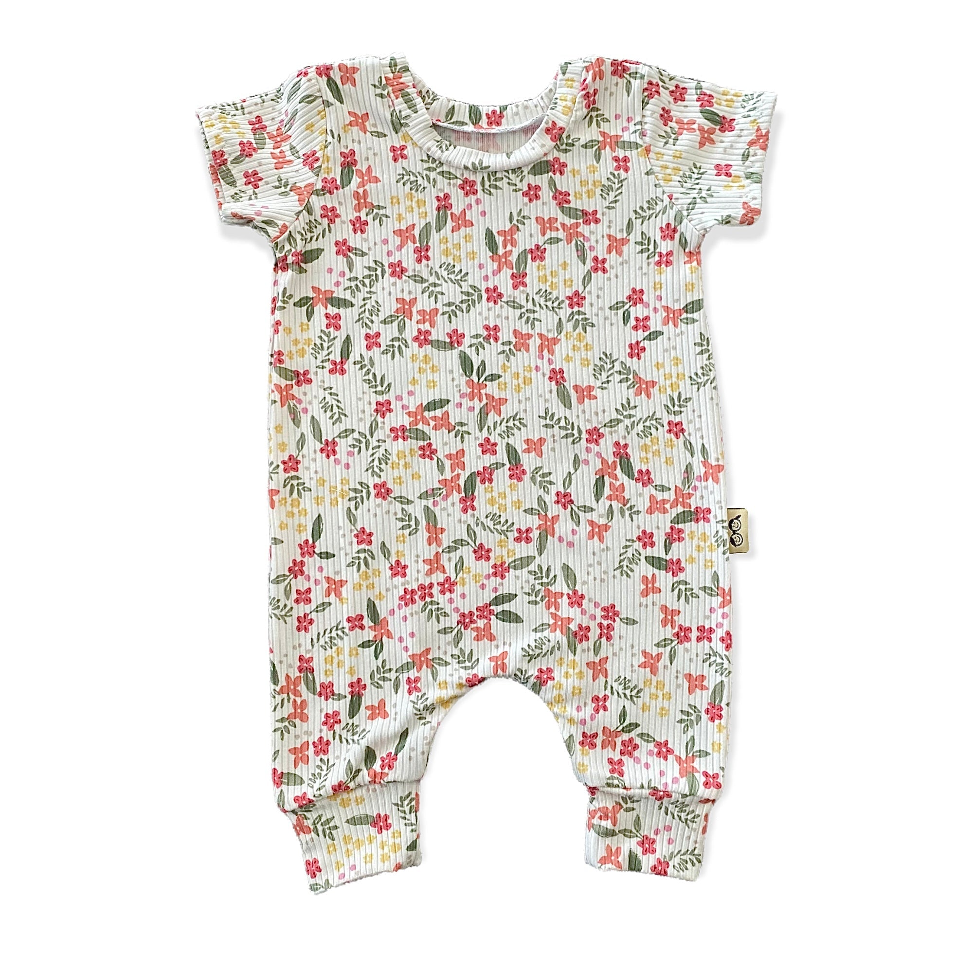 Colorful Dainty Flowers On White Ribbed Romper