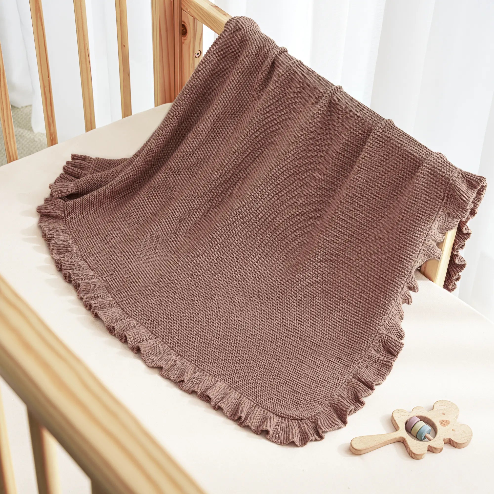 Ruffled Edge Knit Baby Blanket In Mocha