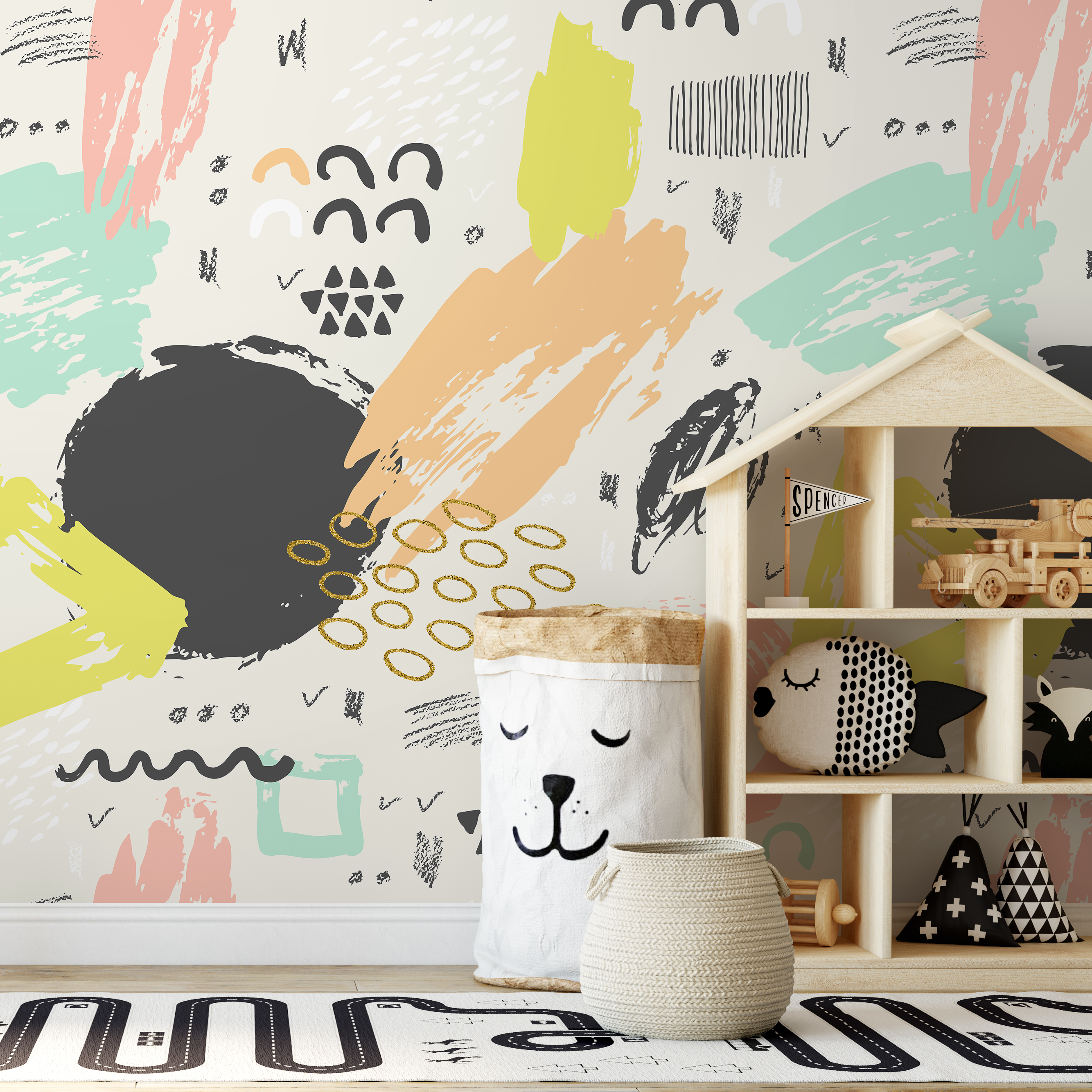 Abstract Wallpaper With Artistic Brush Strokes In Mint, Pink, And Yellow - A695