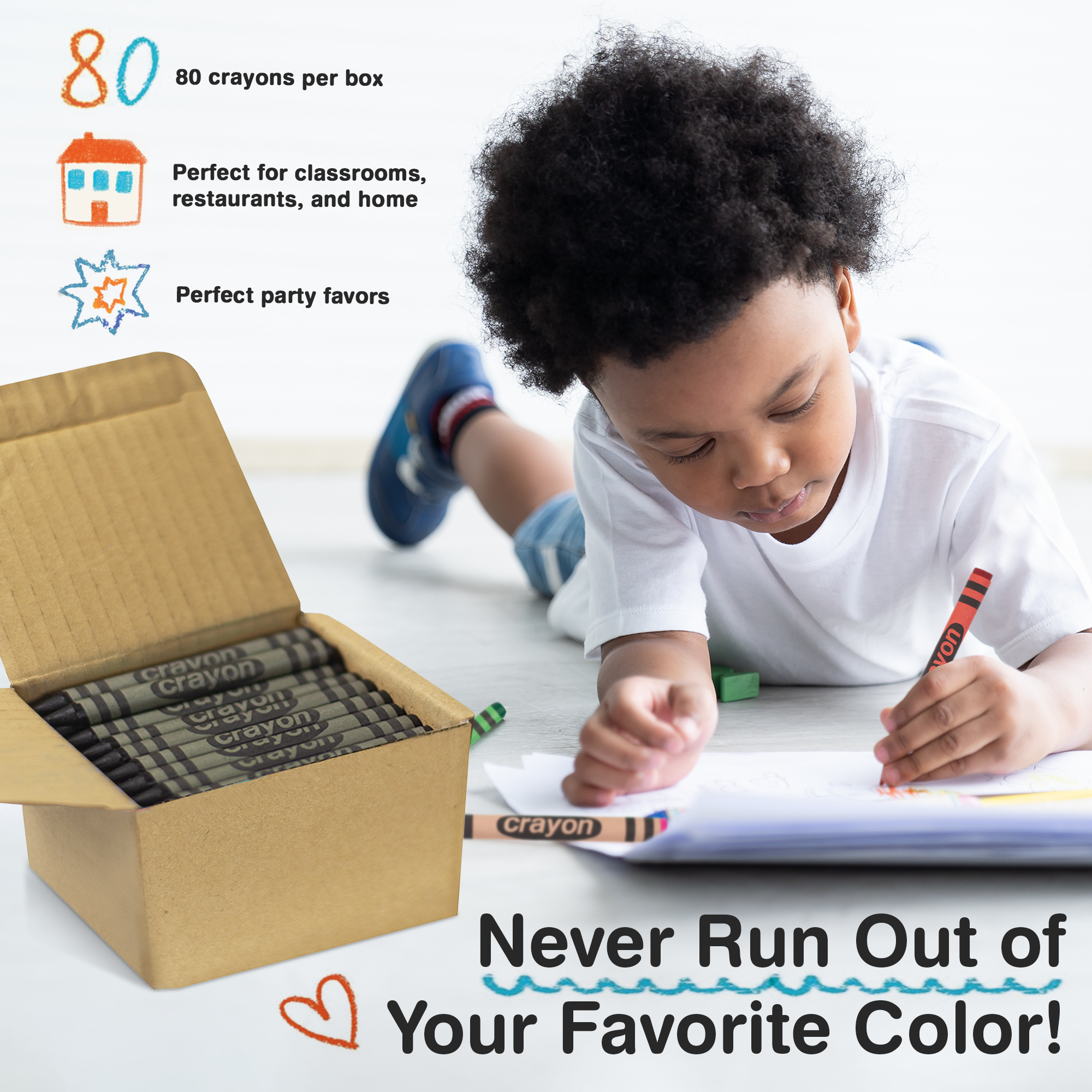 80-pack Black Crayons Bulk – Standard Size, Non-toxic, Classroom & Party Supply
