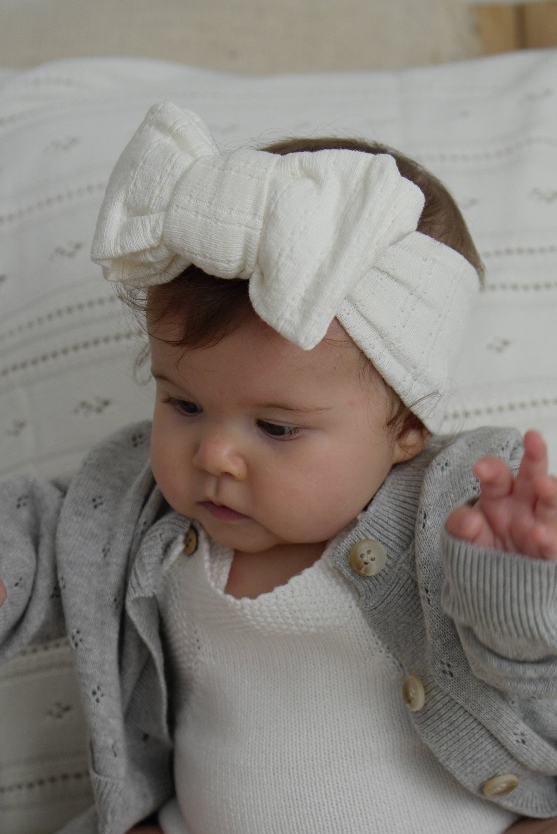 Pointelle Bow Headband - White