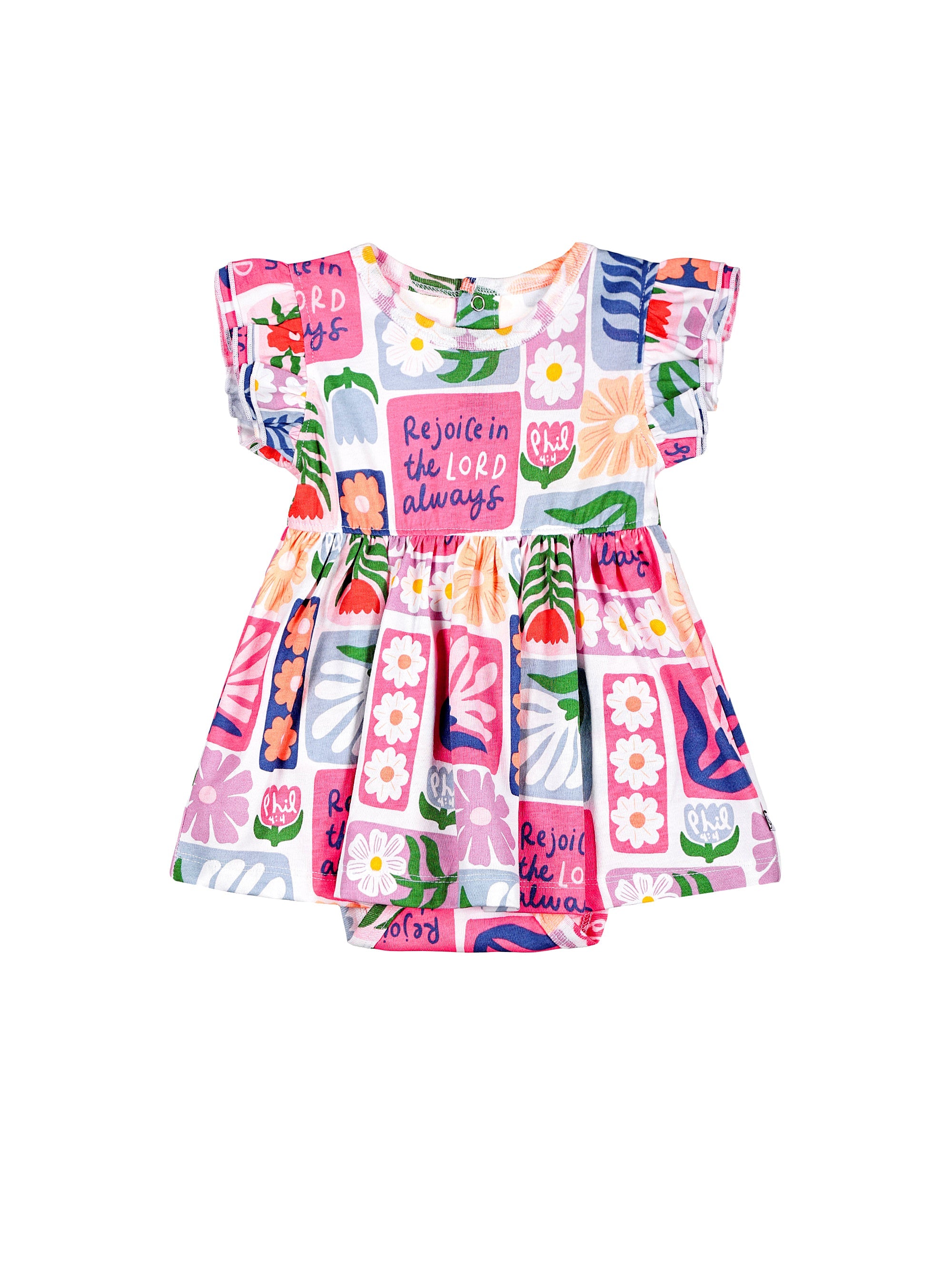 Baby Rejoice In The Lord Floral Twirl Dress Bodysuit Cotton | Short Sleeve