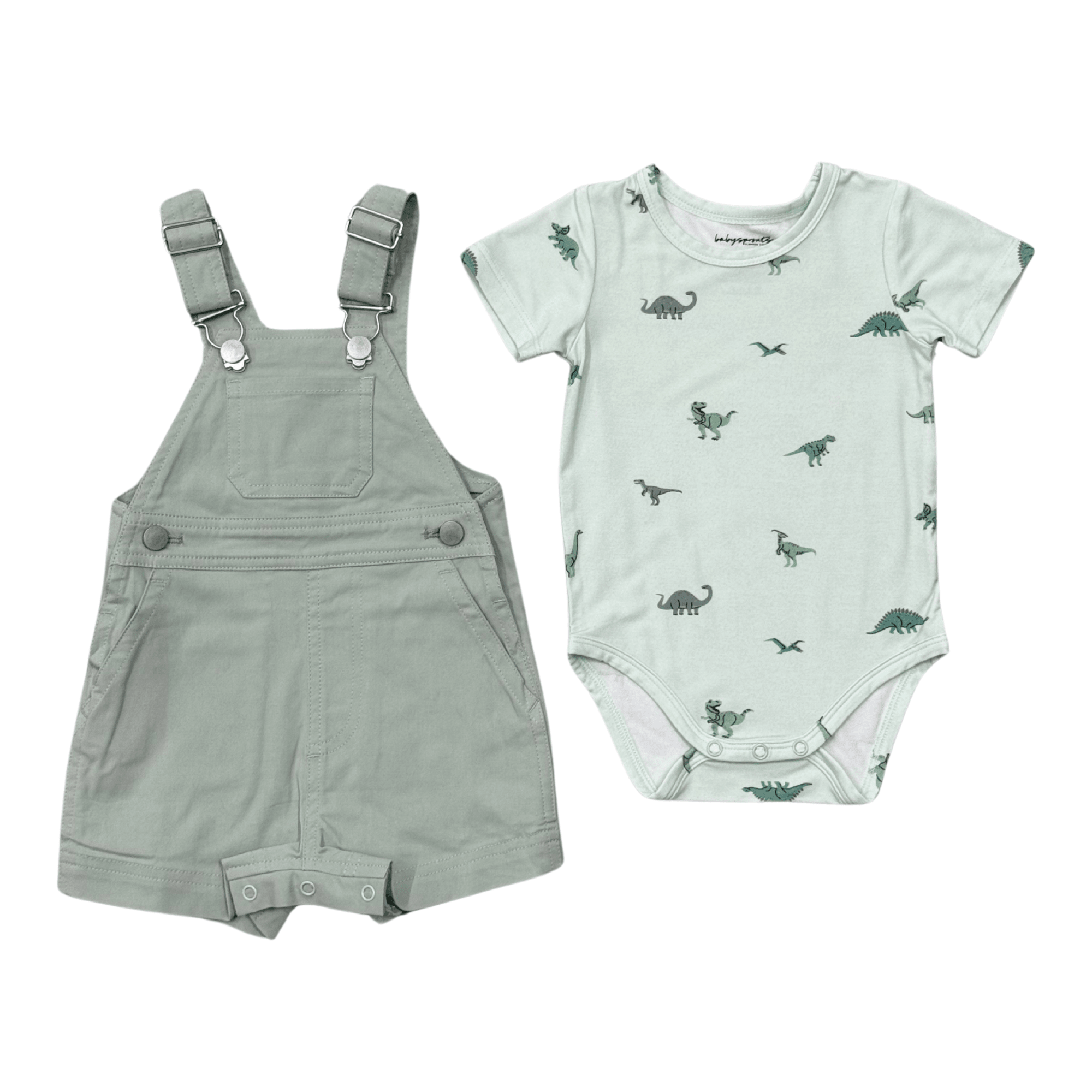 Cotton Overalls Set In Aqua Grey/dinosaur