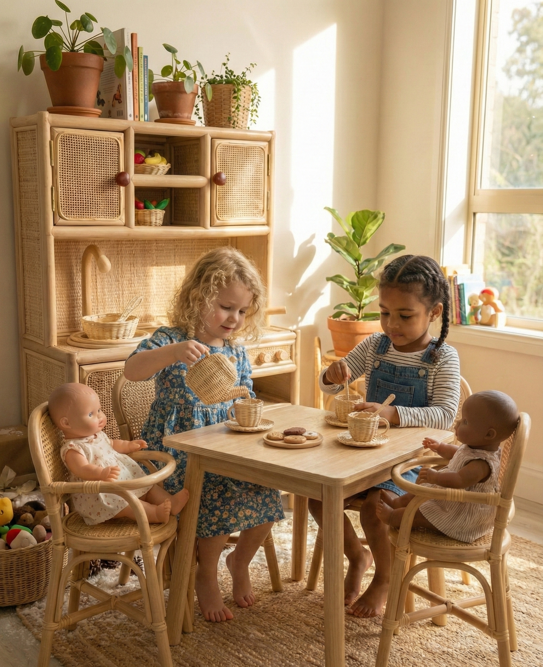 Montessori-style Rattan Play Kitchen | Natural Pretend Play Station With Storage