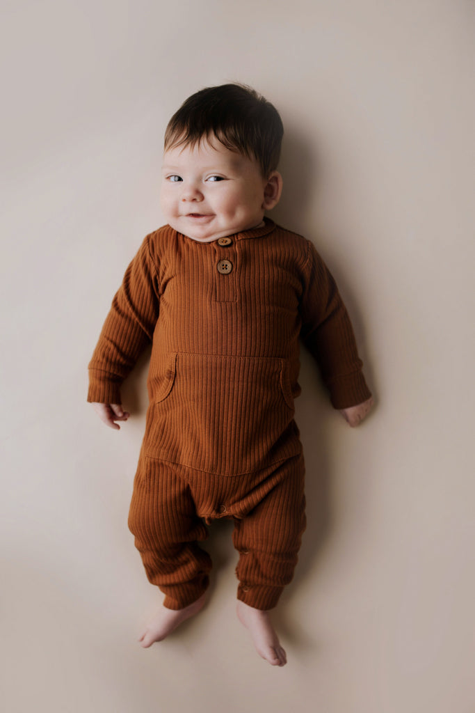 Clay Baby Ribbed Playsuit With Pockets