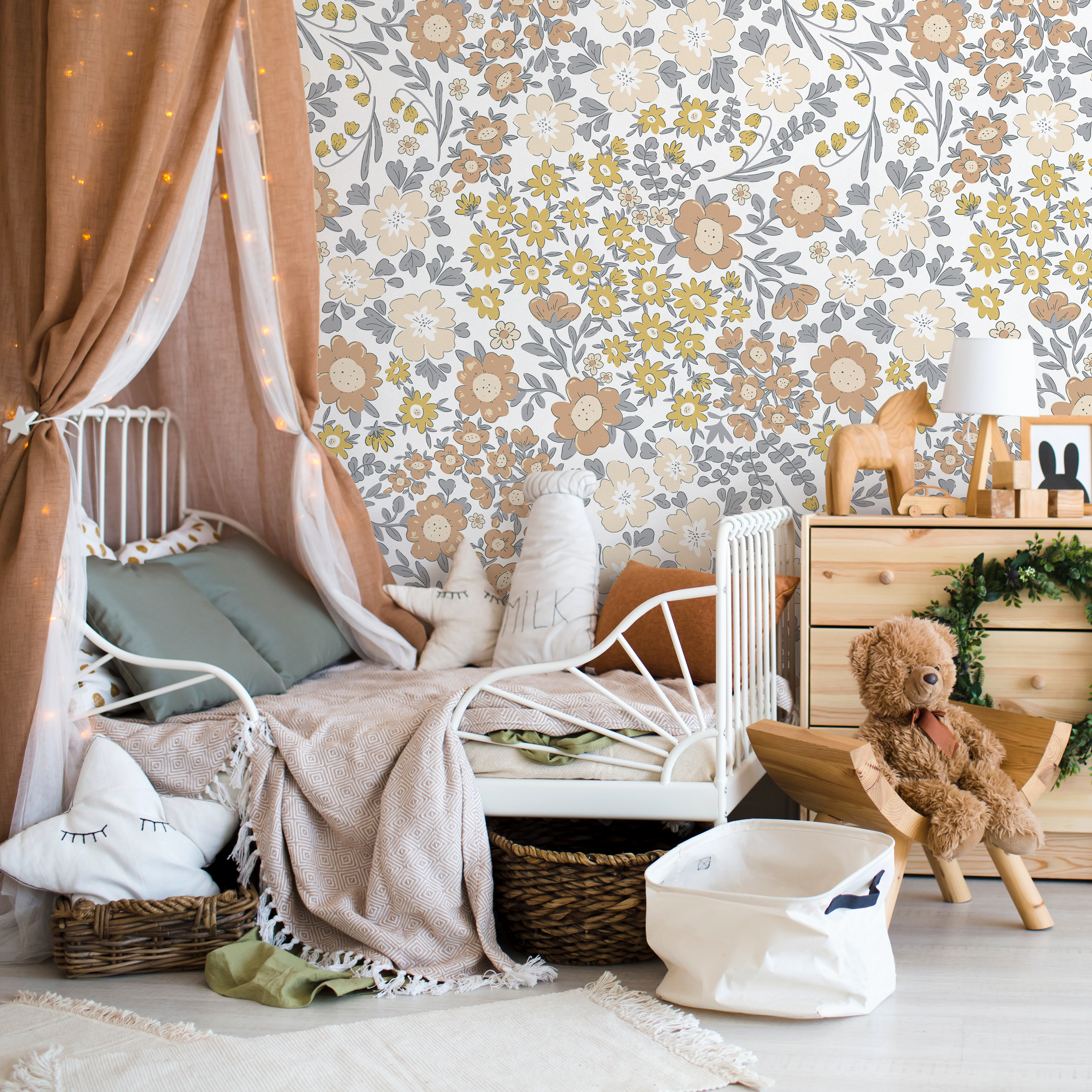 Floral Wallpaper With A Boho Garden Motif In Yellow, Brown, And Gray - D003