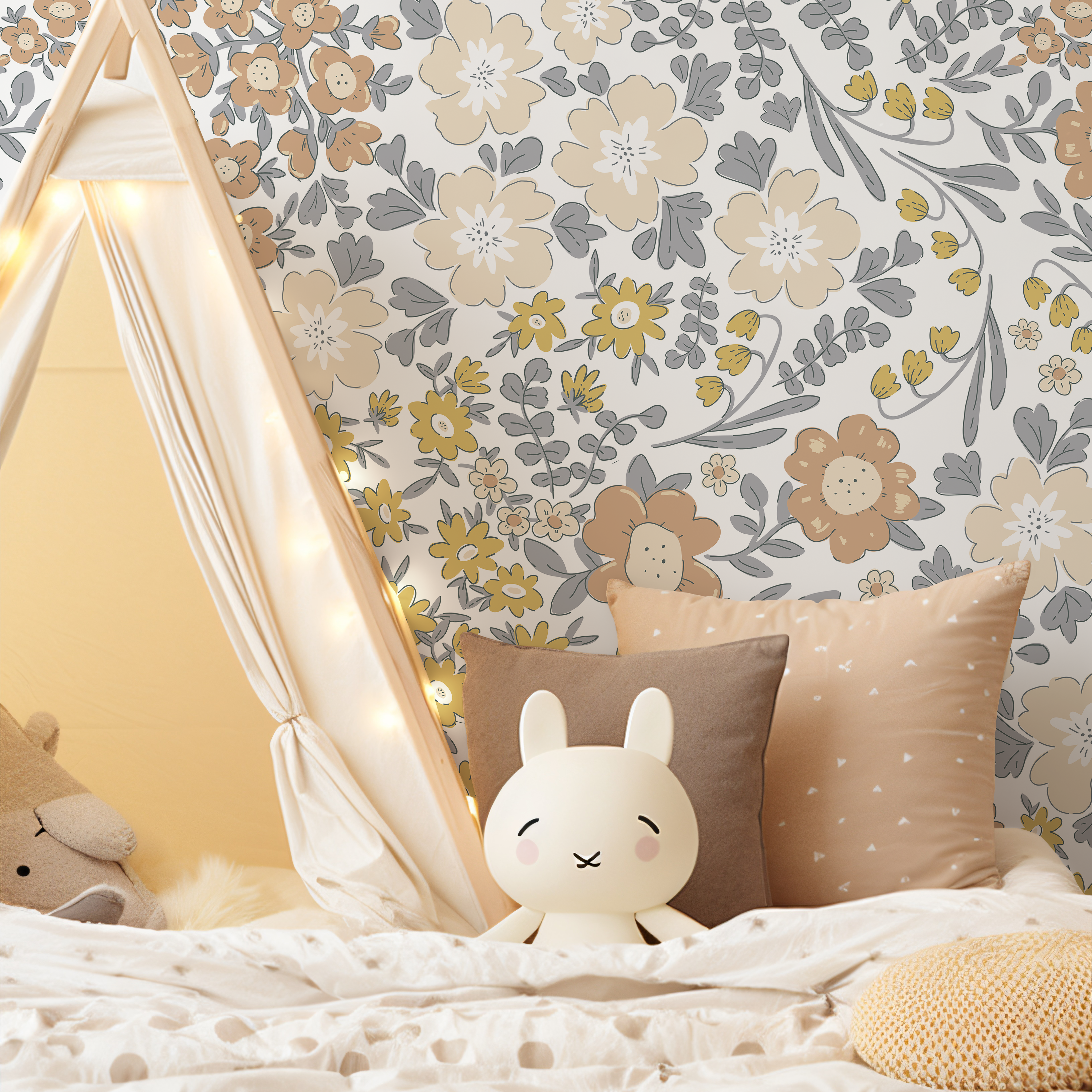 Floral Wallpaper With A Boho Garden Motif In Yellow, Brown, And Gray - D003