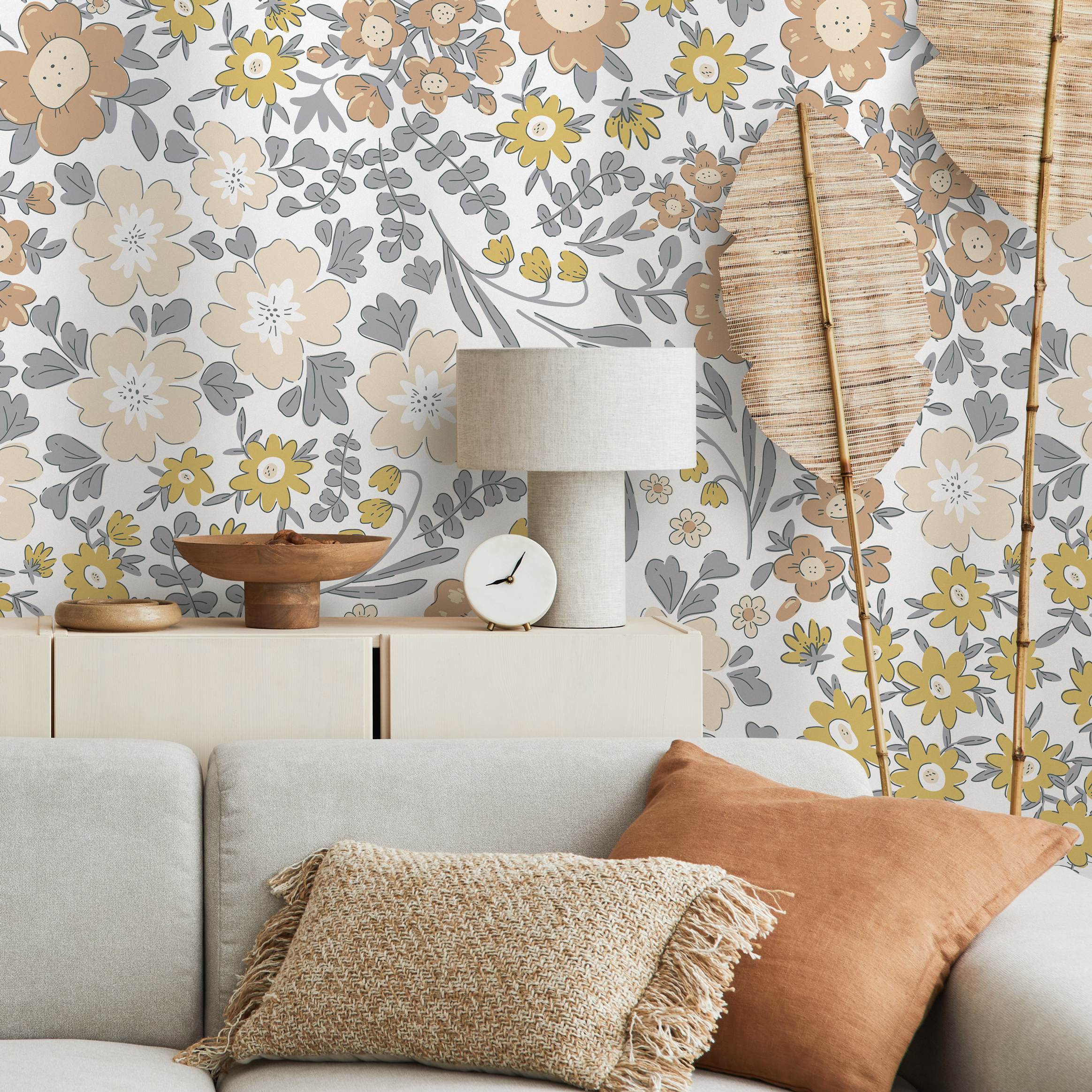 Floral Wallpaper With A Boho Garden Motif In Yellow, Brown, And Gray - D003