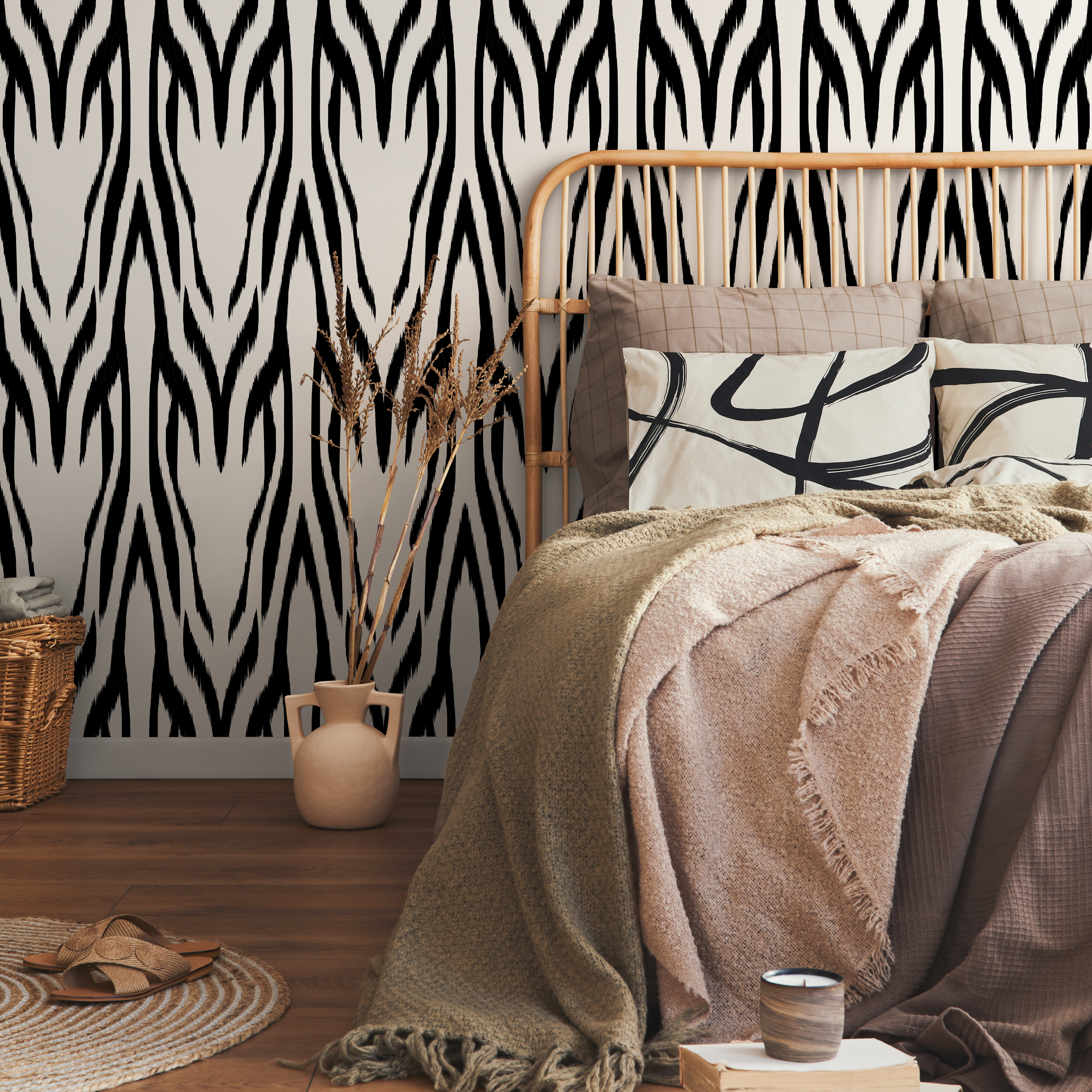 Abstract Wallpaper With A Bold Zebra Print Motif In Black And White - D008