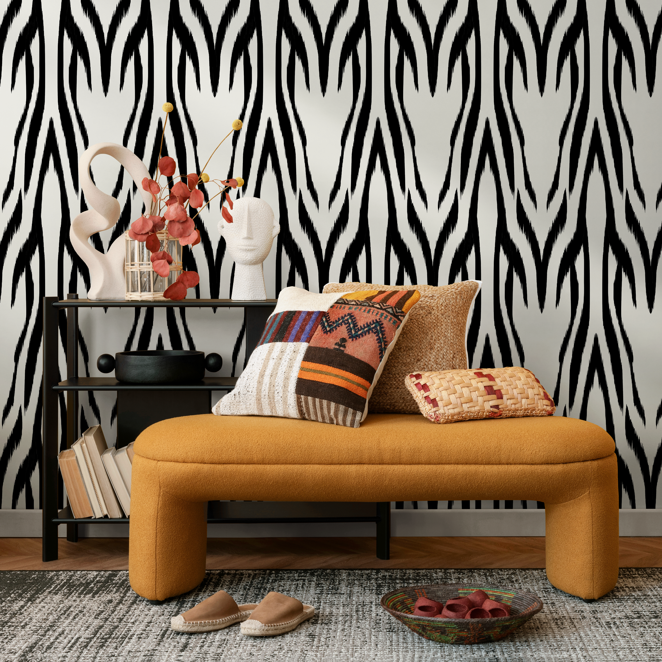 Abstract Wallpaper With A Bold Zebra Print Motif In Black And White - D008