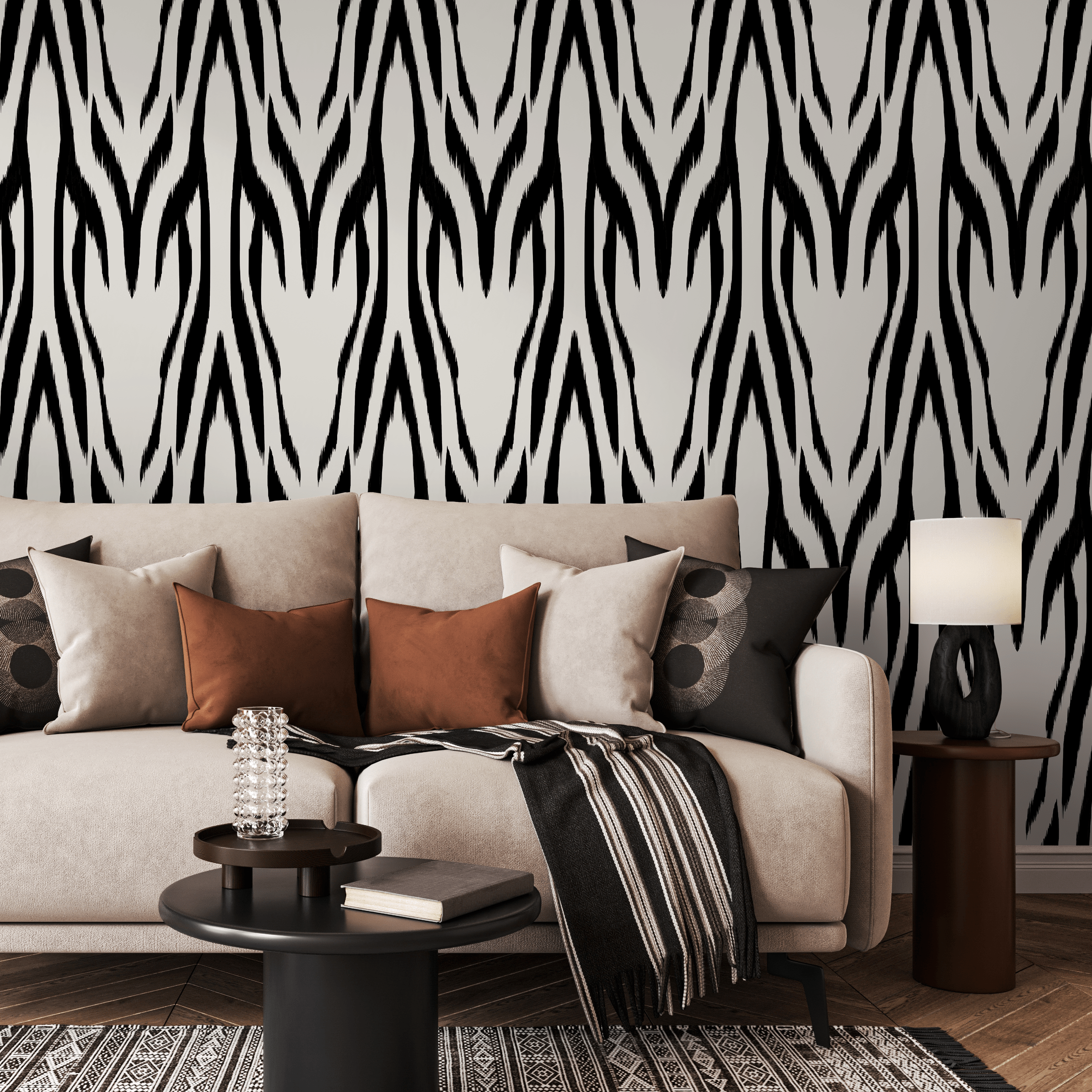 Abstract Wallpaper With A Bold Zebra Print Motif In Black And White - D008