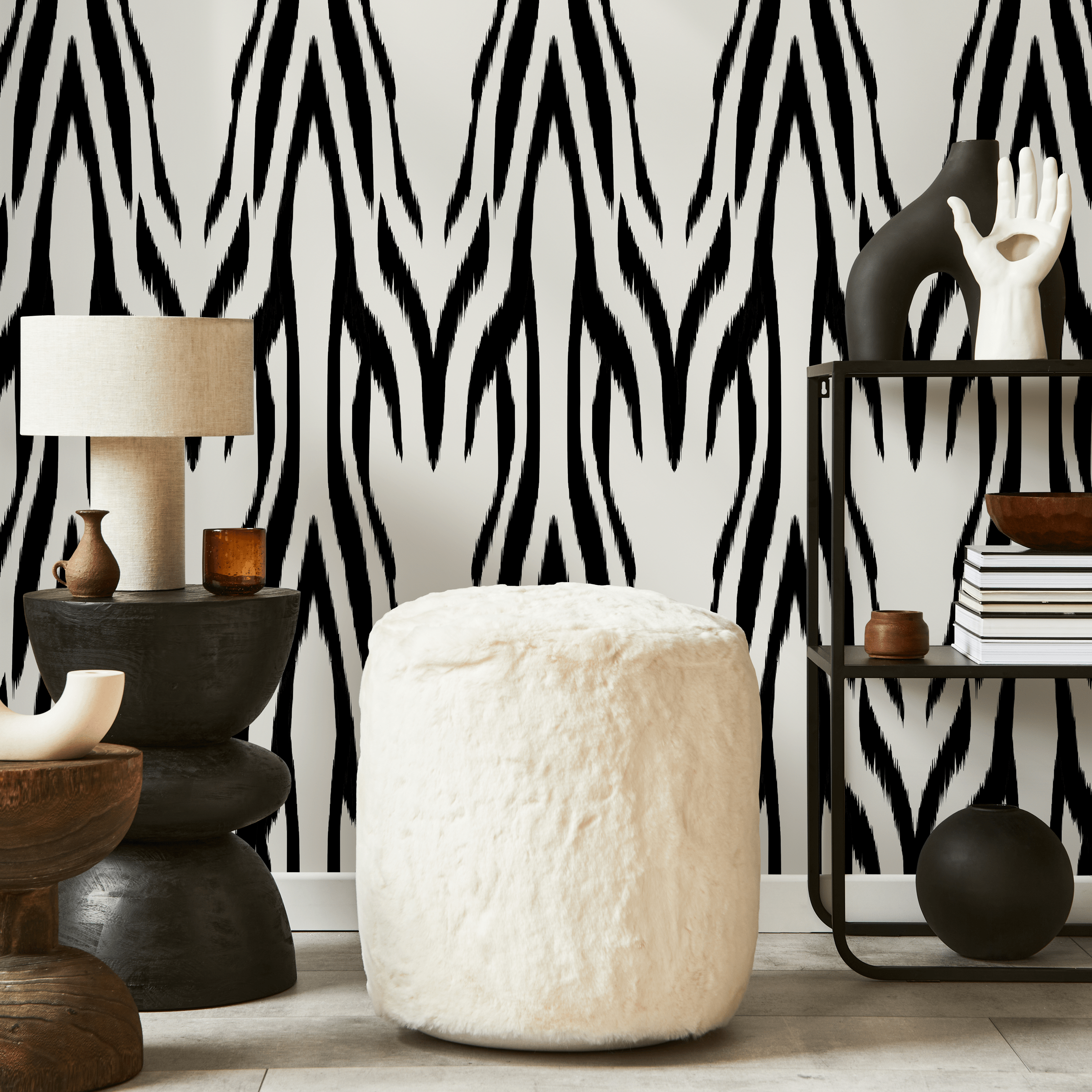 Abstract Wallpaper With A Bold Zebra Print Motif In Black And White - D008