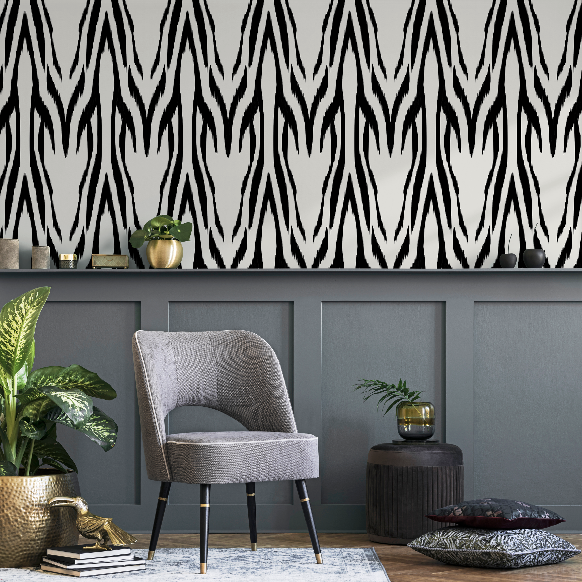 Abstract Wallpaper With A Bold Zebra Print Motif In Black And White - D008